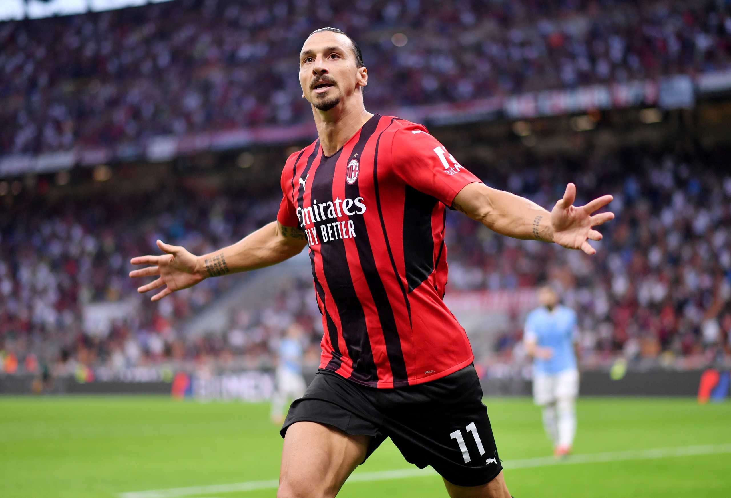 Soccer Football - Serie A - AC Milan v Lazio - San Siro, Milan, Italy - September 12, 2021 AC Milan's Zlatan Ibrahimovic celebrates scoring their second goal REUTERS