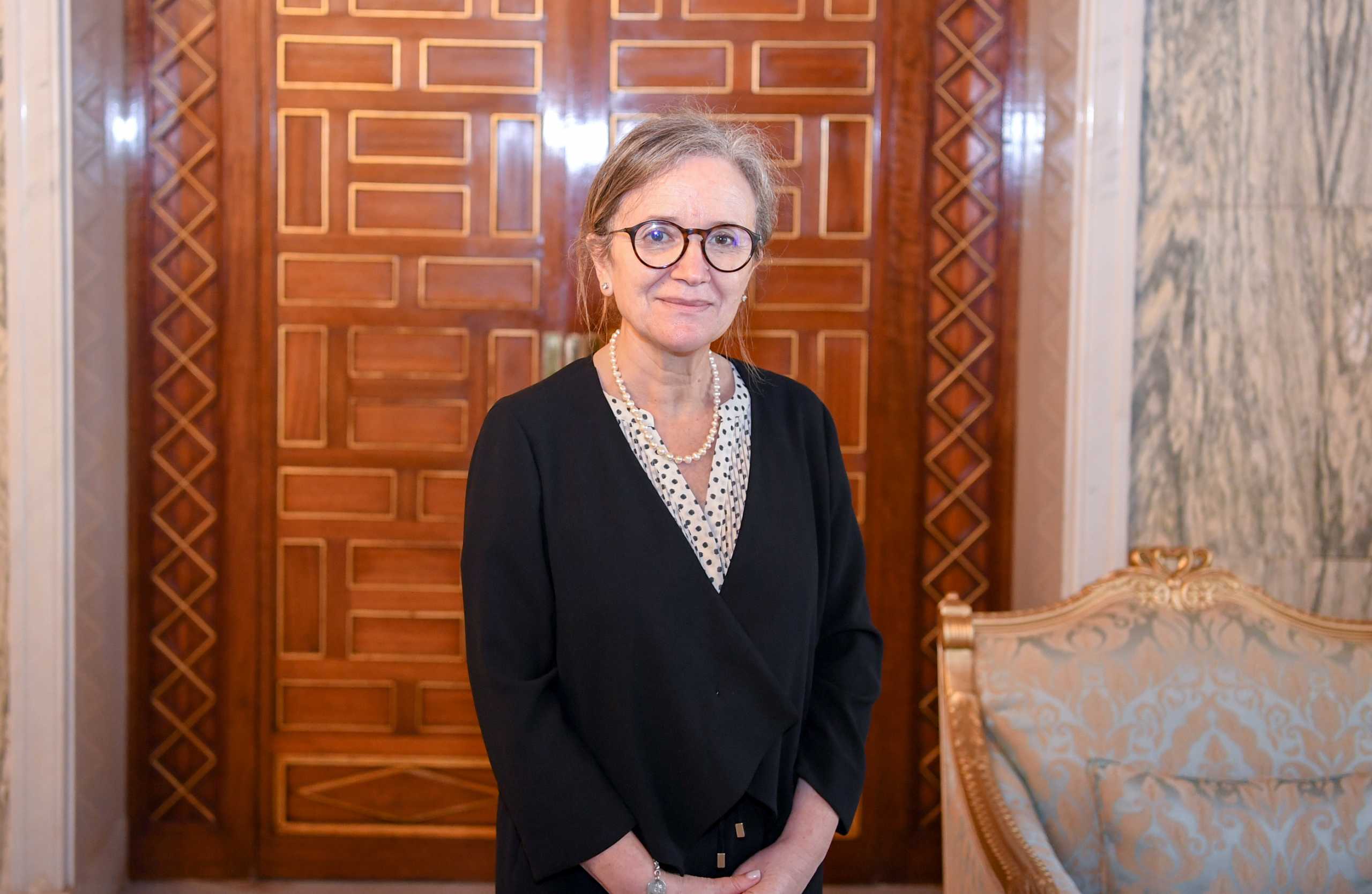 Newly appointed Prime Minister Najla Bouden Romdhane poses for a picture during her meeting with Tunisia's President Kais Saied, in Tunis, Tunisia September 29, 2021. Tunisian Presidency