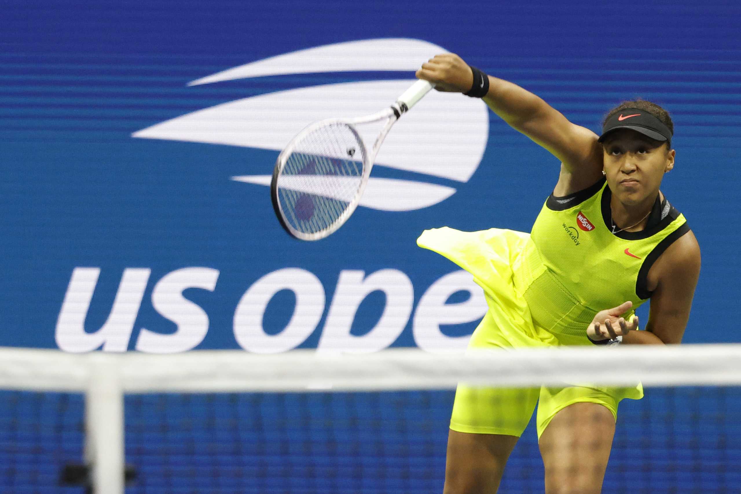 Sep 3, 2021; Flushing, NY, USA; Naomi Osaka of Japan serves against Leylah Annie Fernandez of Canada (not pictured) on day five of the 2021 U.S. Open tennis tournament at USTA Billie Jean King National Tennis Center. Mandatory Credit: Geoff Burke-USA TODAY Sports