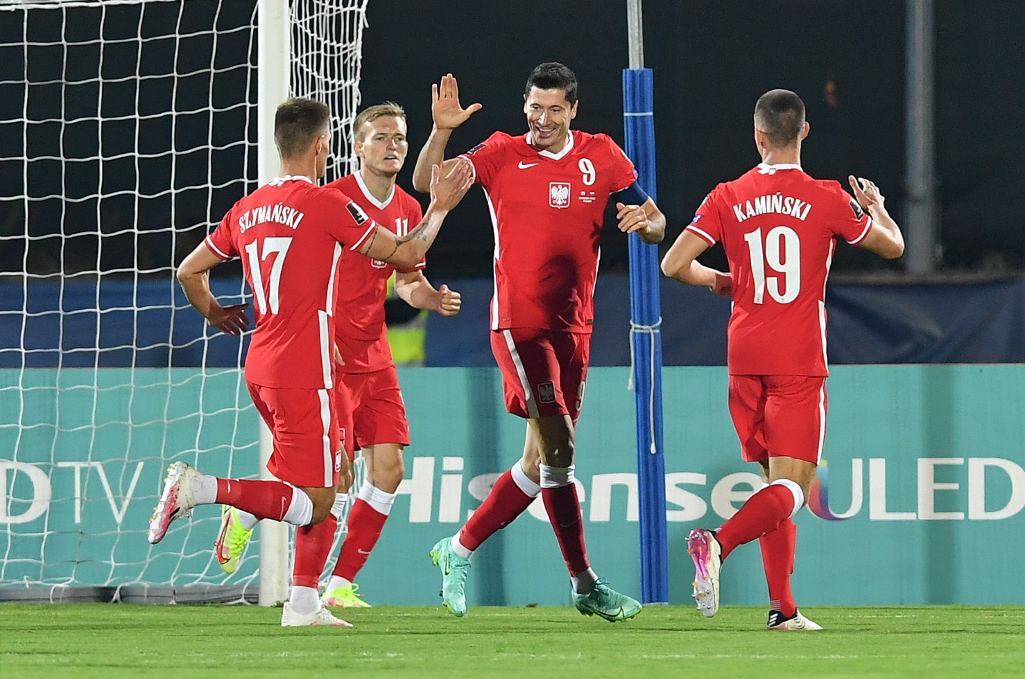 Soccer Football - World Cup - UEFA Qualifiers - Group I - San Marino v Poland - San Marino Stadium, Serravalle, San Marino - September 5, 2021  Poland's Robert Lewandowski celebrates scoring their first goal with teammates REUTERS