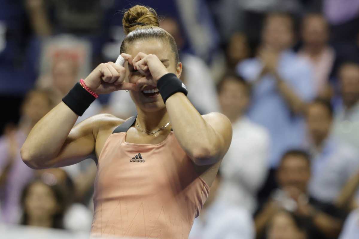 Sep 8, 2021; Flushing, NY, USA; Maria Sakkari of Greece celebrates after her match against Karolina Pliskova of Czech Republic (not pictured) on day ten of the 2021 U.S. Open tennis tournament at USTA Billie Jean King National Tennis Center. Mandatory Credit: Geoff Burke-USA TODAY Sports