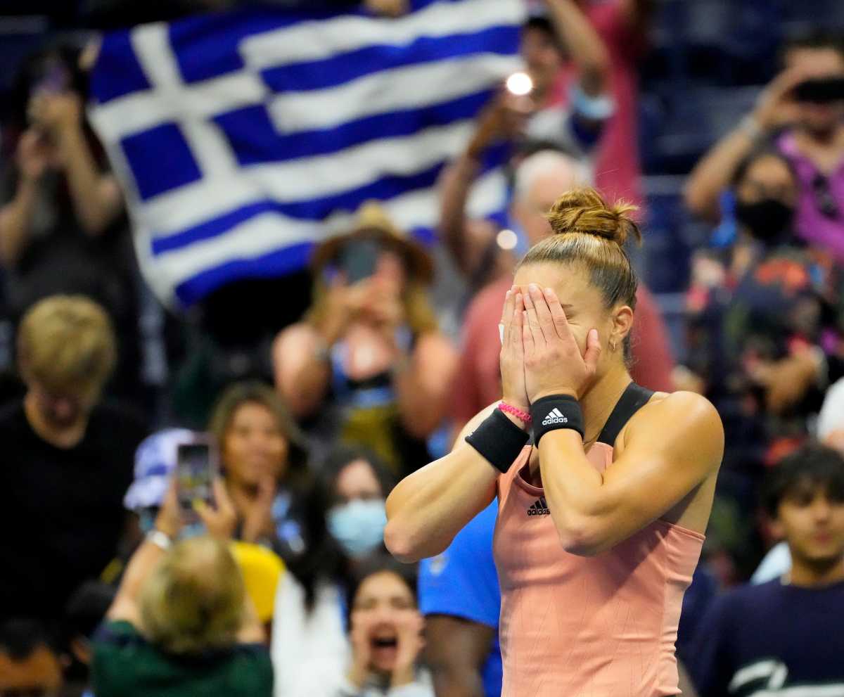 Sep 6, 2021; Flushing, NY, USA;  Maria Sakkari of Greece reacts after defeating Bianca Andreescu of Canada on day eight of the 2021 U.S. Open tennis tournament at USTA Billie Jean King National Tennis Center. Mandatory Credit: Robert Deutsch-USA TODAY Sports     TPX IMAGES OF THE DAY