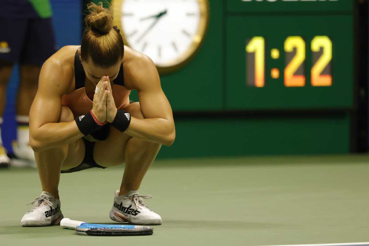 Sep 8, 2021; Flushing, NY, USA; Maria Sakkari of Greece celebrates after match point against Karolina Pliskova of Czech Republic (not pictured) on day ten of the 2021 U.S. Open tennis tournament at USTA Billie Jean King National Tennis Center. Mandatory Credit: Geoff Burke-USA TODAY Sports