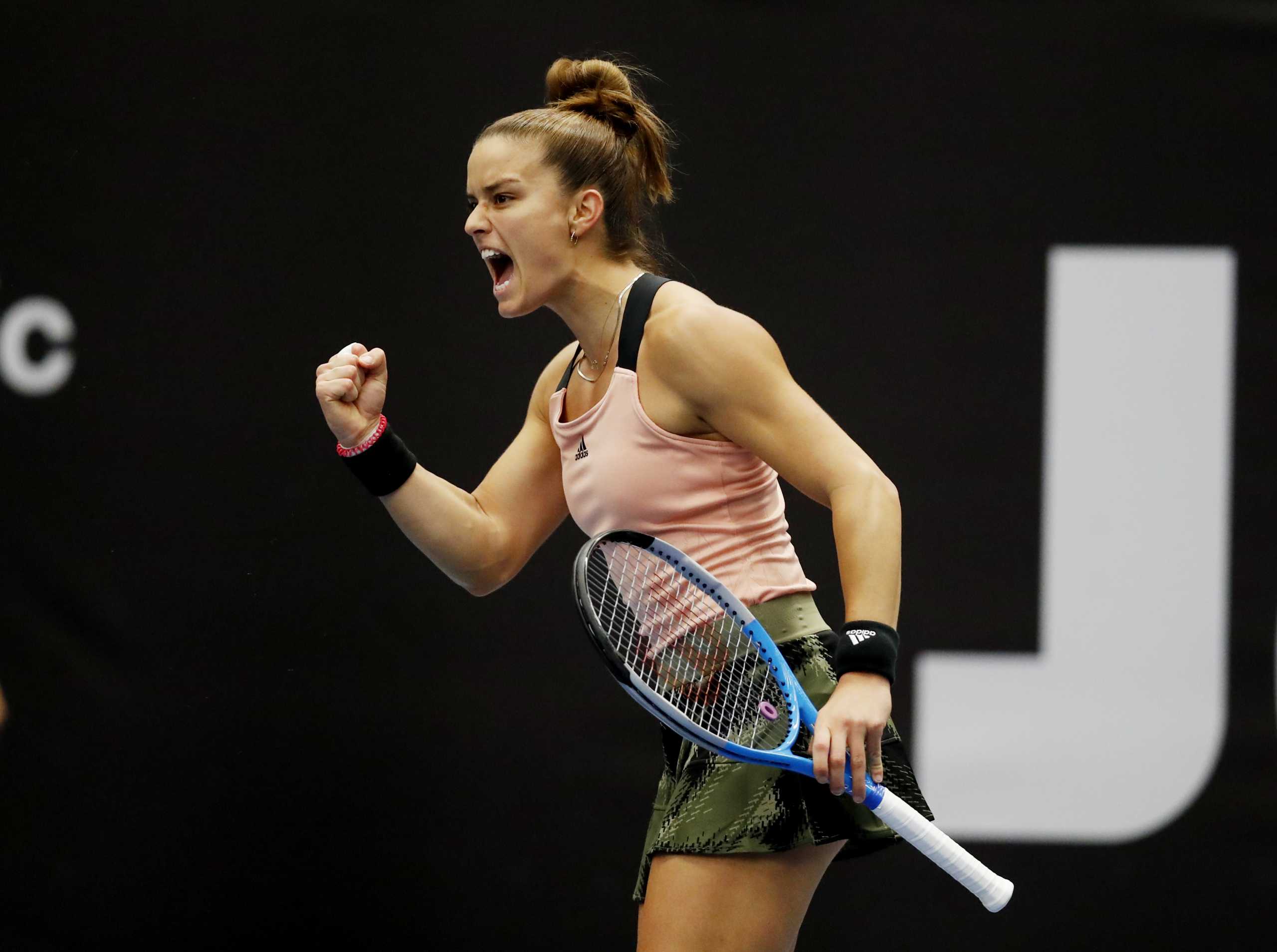 Tennis - WTA 500 - Ostrava Open - CEZ Arena, Ostrava, Czech Republic - September 23, 2021 Greece's Maria Sakkari reacts during her round of 16 match against Latvia's Jelena Ostapenko REUTERS