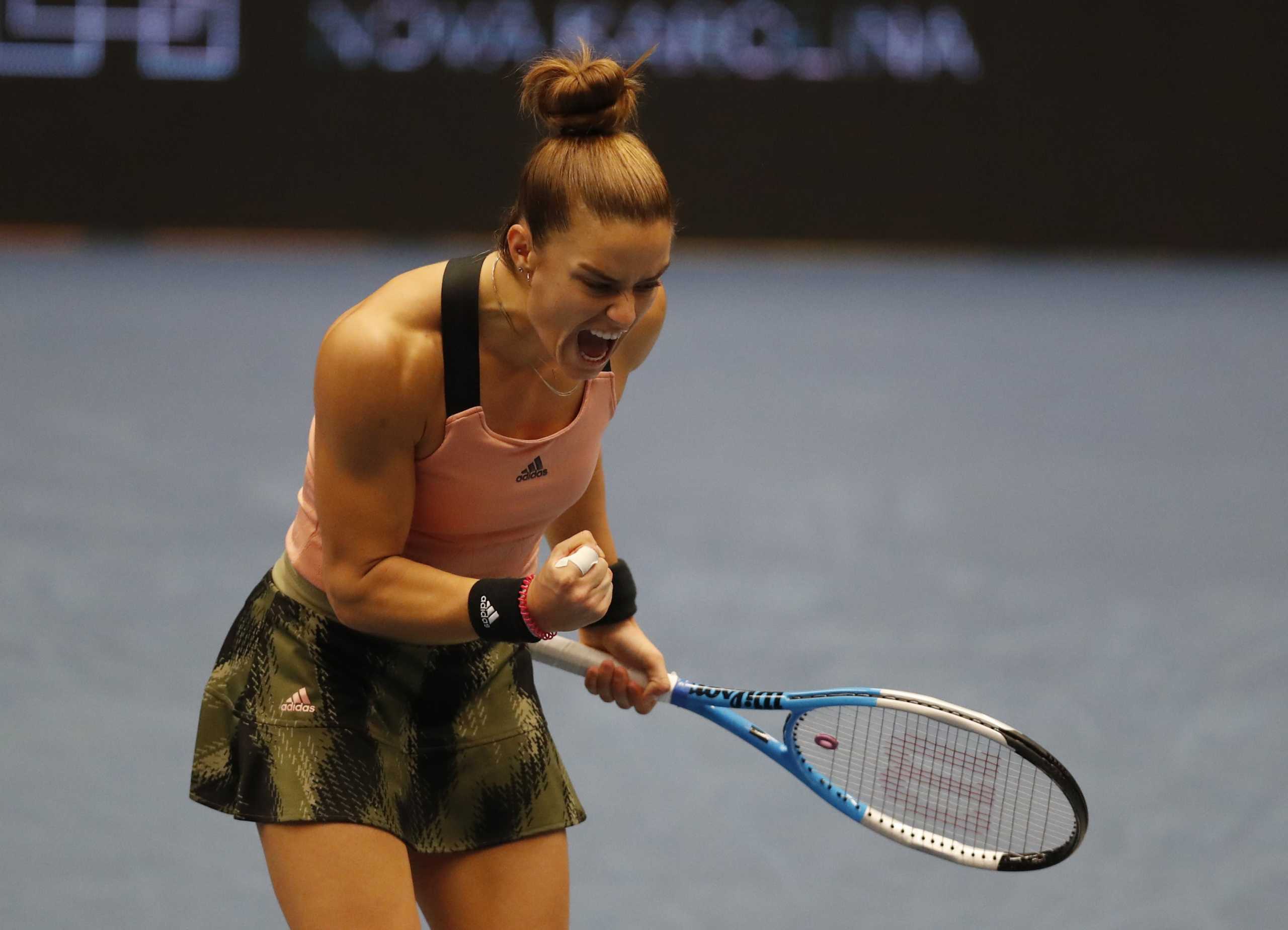 Tennis - WTA 500 - Ostrava Open - CEZ Arena, Ostrava, Czech Republic - September 25, 2021  Greece's Maria Sakkari reacts during her semi final match against Poland's Iga Swiatek REUTERS