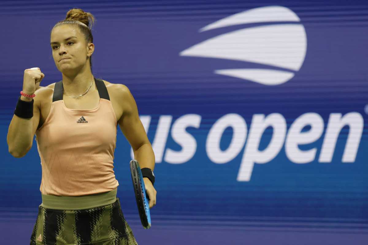 Sep 8, 2021; Flushing, NY, USA; Maria Sakkari of Greece reacts after winning a game against Karolina Pliskova of Czech Republic (not pictured) on day ten of the 2021 U.S. Open tennis tournament at USTA Billie Jean King National Tennis Center. Mandatory Credit: Geoff Burke-USA TODAY Sports