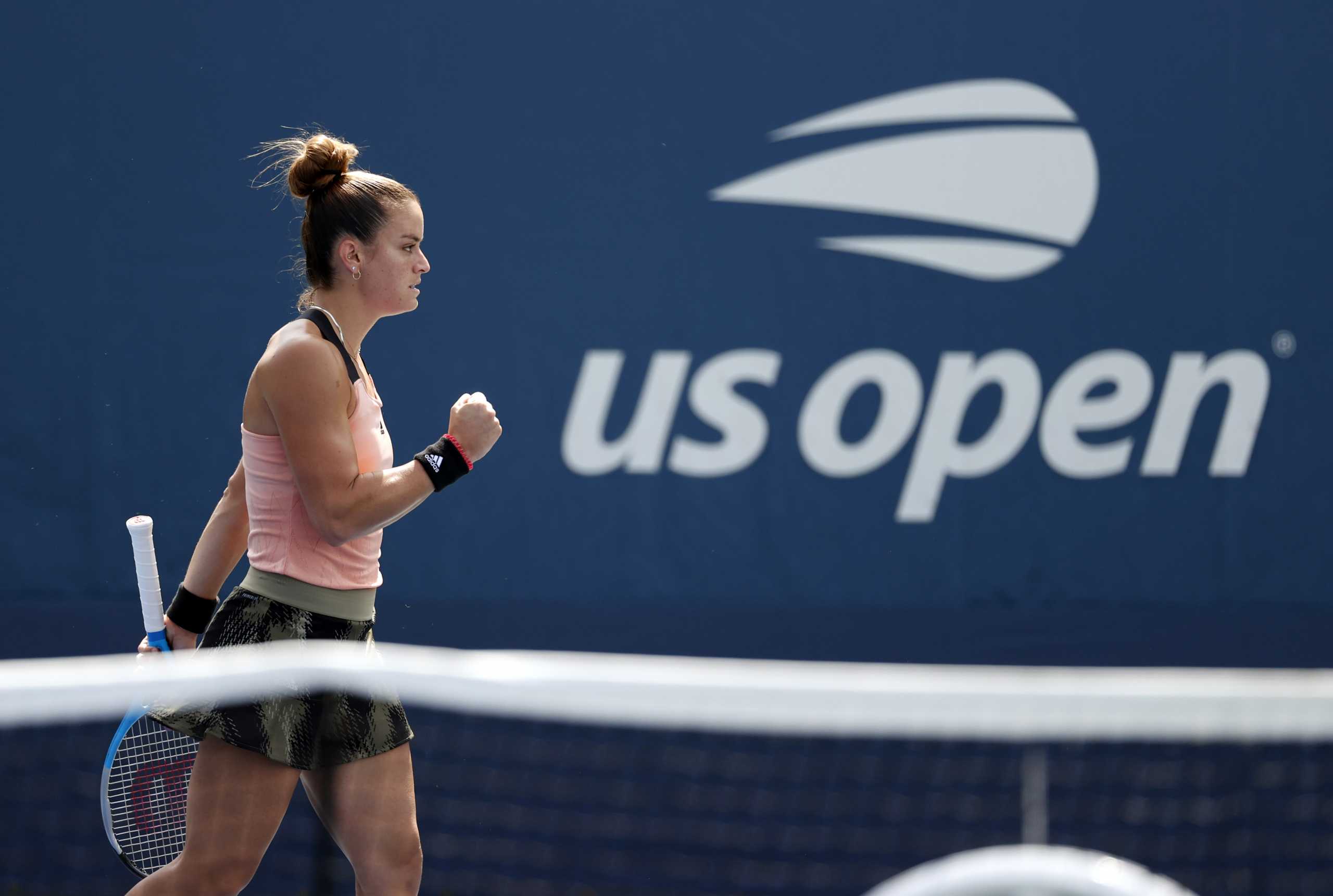Aug 31, 2021; Flushing, NY, USA;  Maria Sakkari of Greece celebrates after winning a point against Marta Kostyuk of Ukraine in a first round match on day two of the 2021 U.S. Open tennis tournament at USTA Billie King National Tennis Center. Mandatory Credit: Jerry Lai-USA TODAY Sports