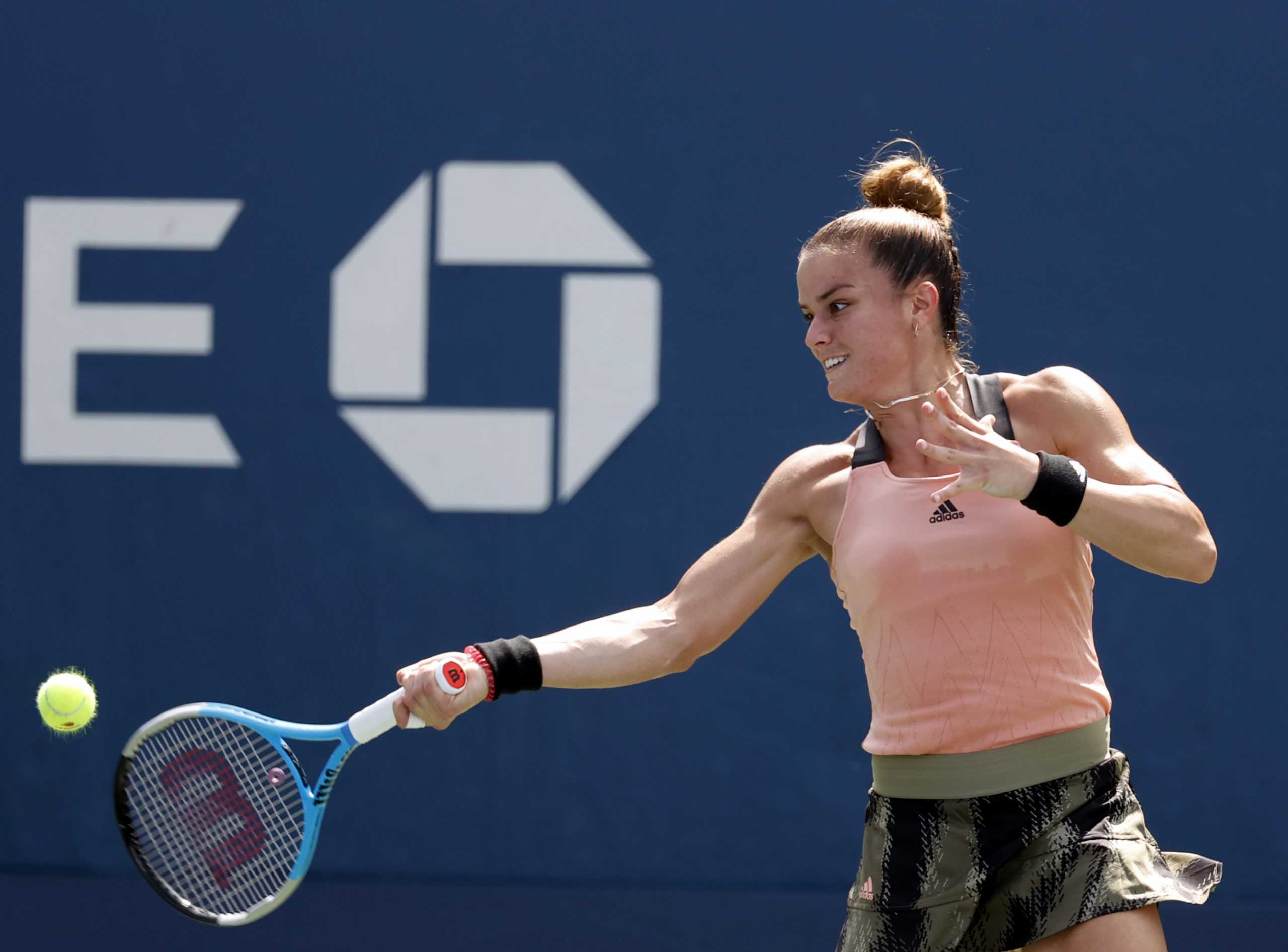 Aug 31, 2021; Flushing, NY, USA;  Maria Sakkari of Greece in action against Marta Kostyuk of Ukraine in a first round match on day two of the 2021 U.S. Open tennis tournament at USTA Billie King National Tennis Center. Mandatory Credit: Jerry Lai-USA TODAY Sports