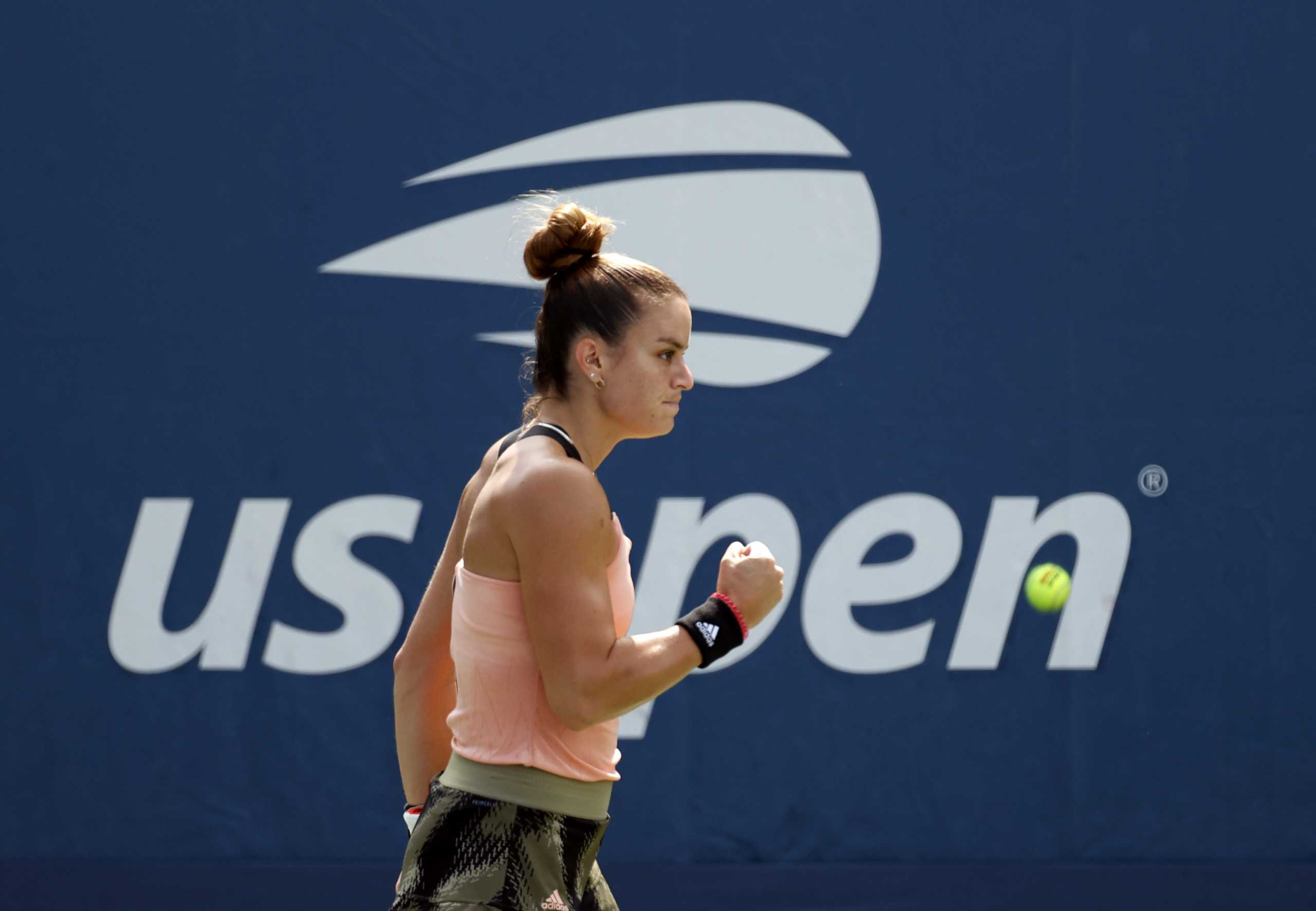 Aug 31, 2021; Flushing, NY, USA;  Maria Sakkari of Greece celebrates after winning a point against Marta Kostyuk of Ukraine in a first round match on day two of the 2021 U.S. Open tennis tournament at USTA Billie King National Tennis Center. Mandatory Credit: Jerry Lai-USA TODAY Sports