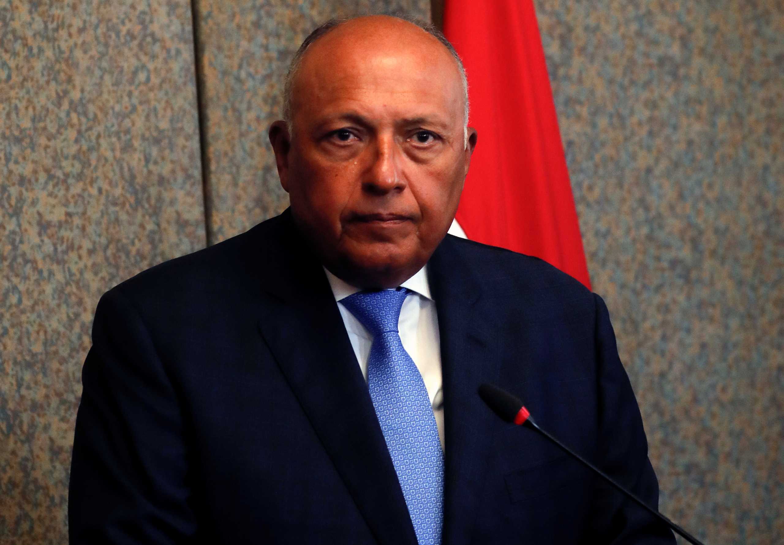 Egypt's Foreign Minister Sameh Shoukry looks on during a joint news conference with Japan's Foreign Minister Toshimitsu Motegi after their meeting in Cairo, Egypt, August 16, 2021. REUTERS