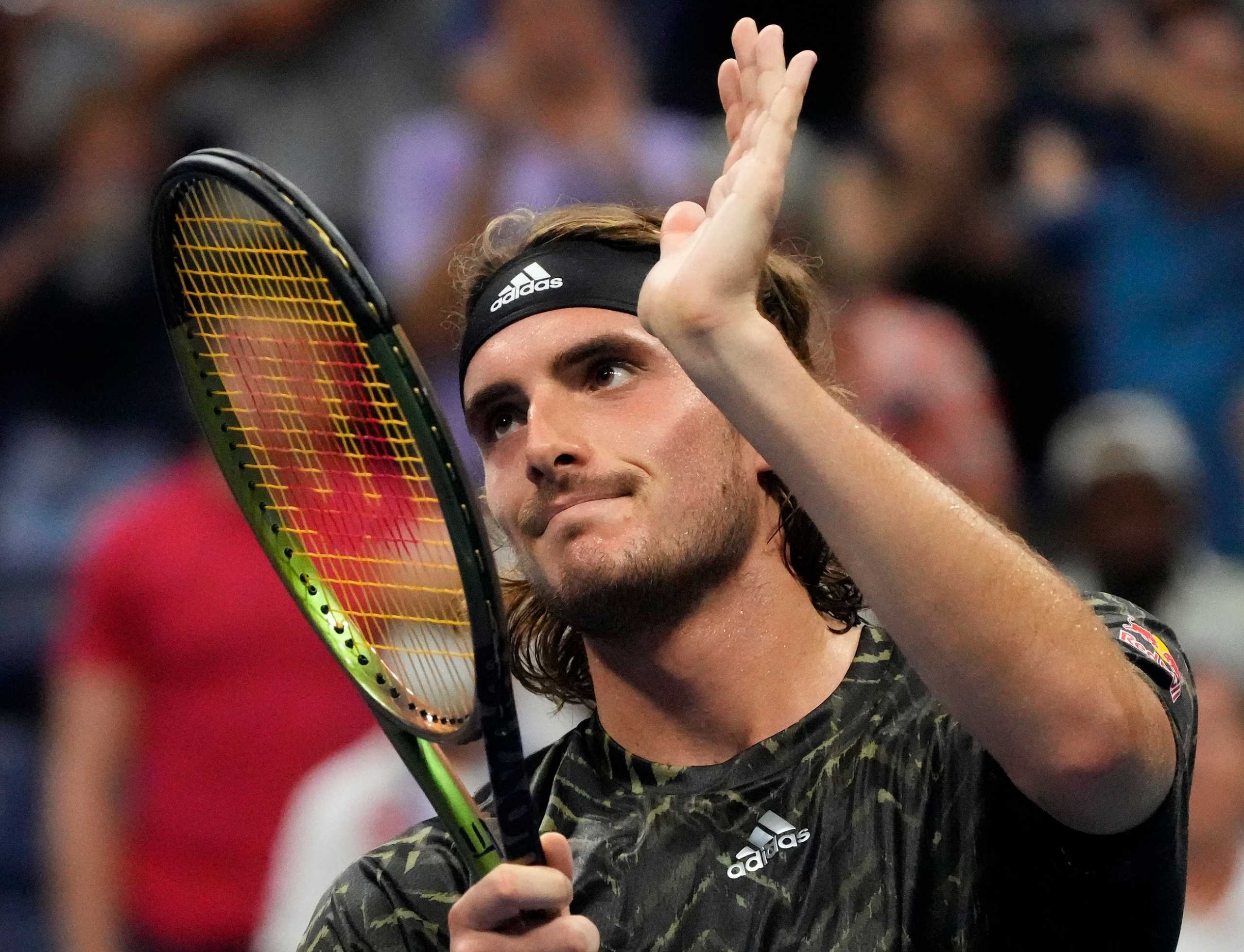 Aug 30, 2021; Flushing, NY, USA; Stefanos Tsitsipas of Greece after beating Andy Murray of Great Britain on day one of the 2021 U.S. Open tennis tournament at USTA Billie King National Tennis Center. Mandatory Credit: Robert Deutsch-USA TODAY Sports