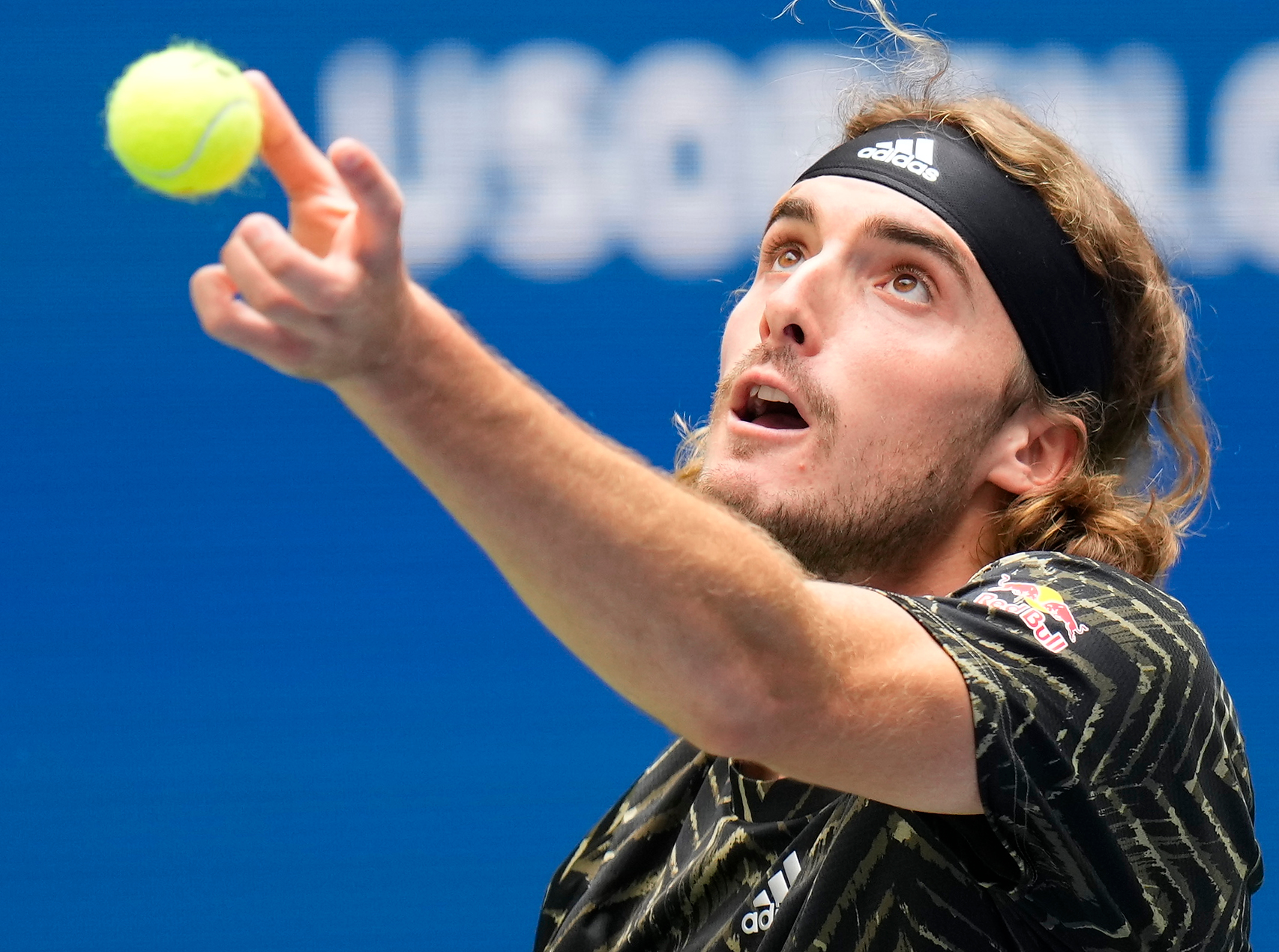 Aug 30, 2021; Flushing, NY, USA; Stefanos Tsitsipas of Greece hits to Andy Murray of Great Britain (not pictured) on day one of the 2021 U.S. Open tennis tournament at USTA Billie King National Tennis Center. Mandatory Credit: Robert Deutsch-USA TODAY Sports