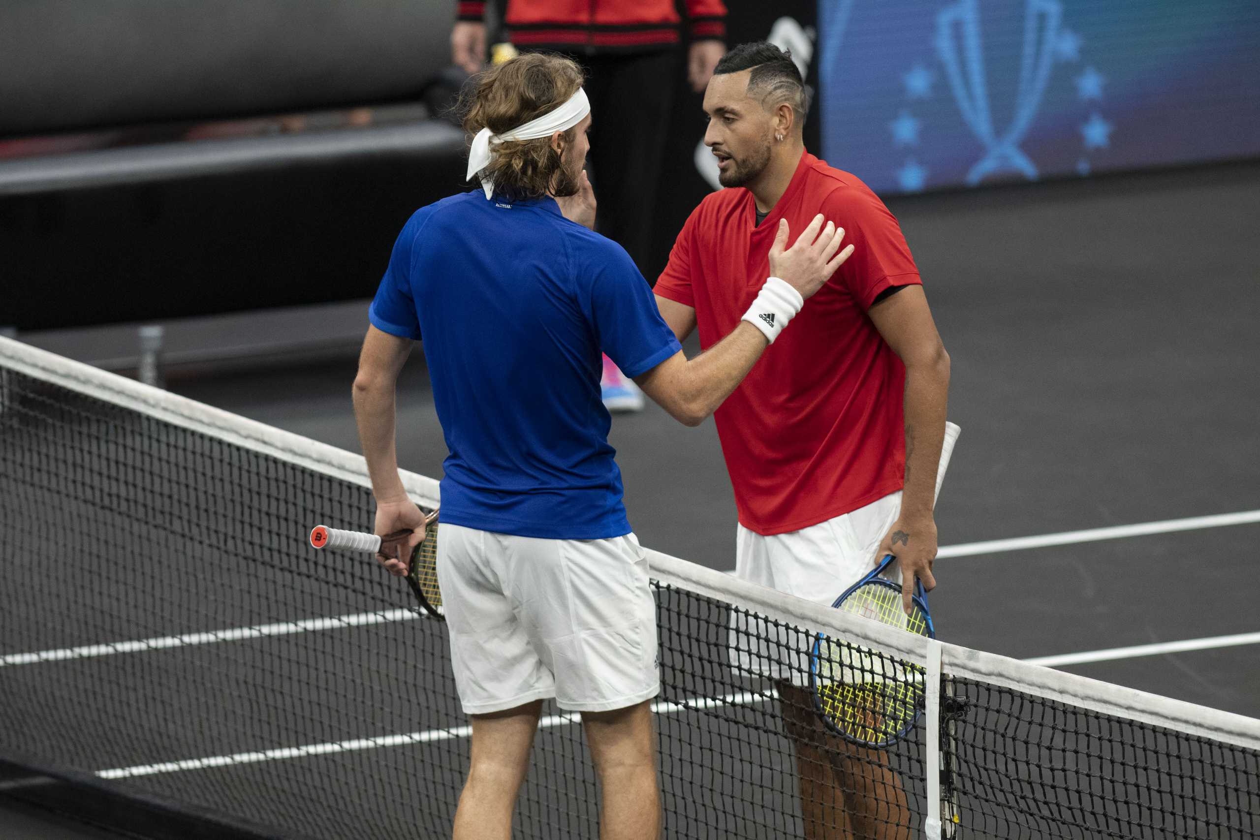 Sep 25, 2021; Boston, MA, USA;  Team Europe player Stefanos Tsitsipas defeats Team World player Nick Kyrgios 6-3, 6-4 at TD Garden. Mandatory Credit: Richard Cashin-USA TODAY Sports