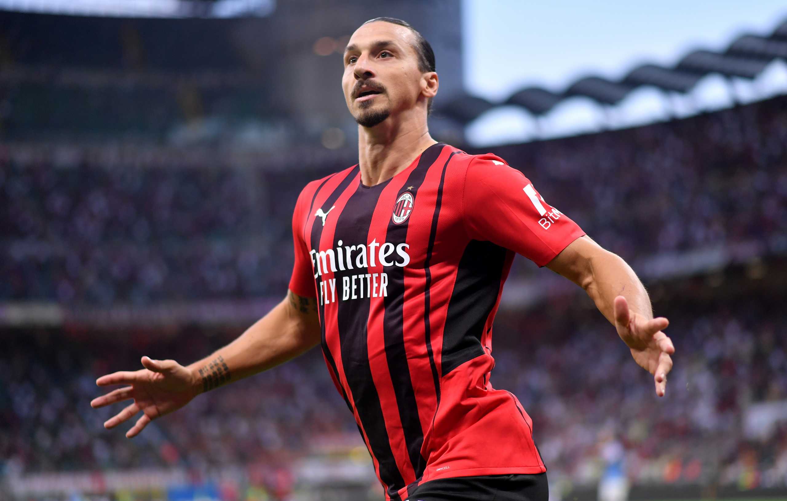 Soccer Football - Serie A - AC Milan v Lazio - San Siro, Milan, Italy - September 12, 2021 AC Milan's Zlatan Ibrahimovic celebrates scoring their second goal REUTERS