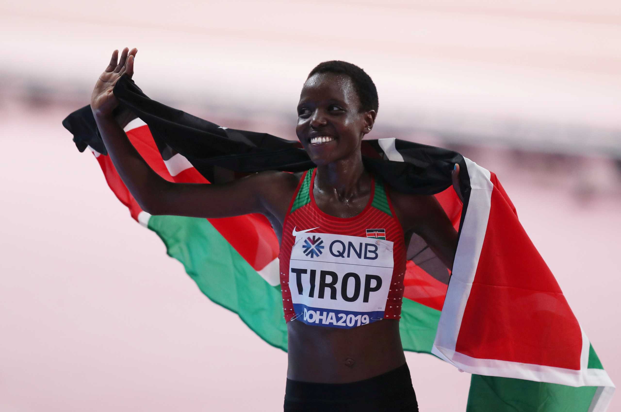 FILE PHOTO: Athletics - World Athletics Championships - Doha 2019 - Women's 10,000 Metres Final - Khalifa International Stadium, Doha, Qatar - September 28, 2019  Kenya's Agnes Jebet Tirop reacts after finishing third in the final REUTERS