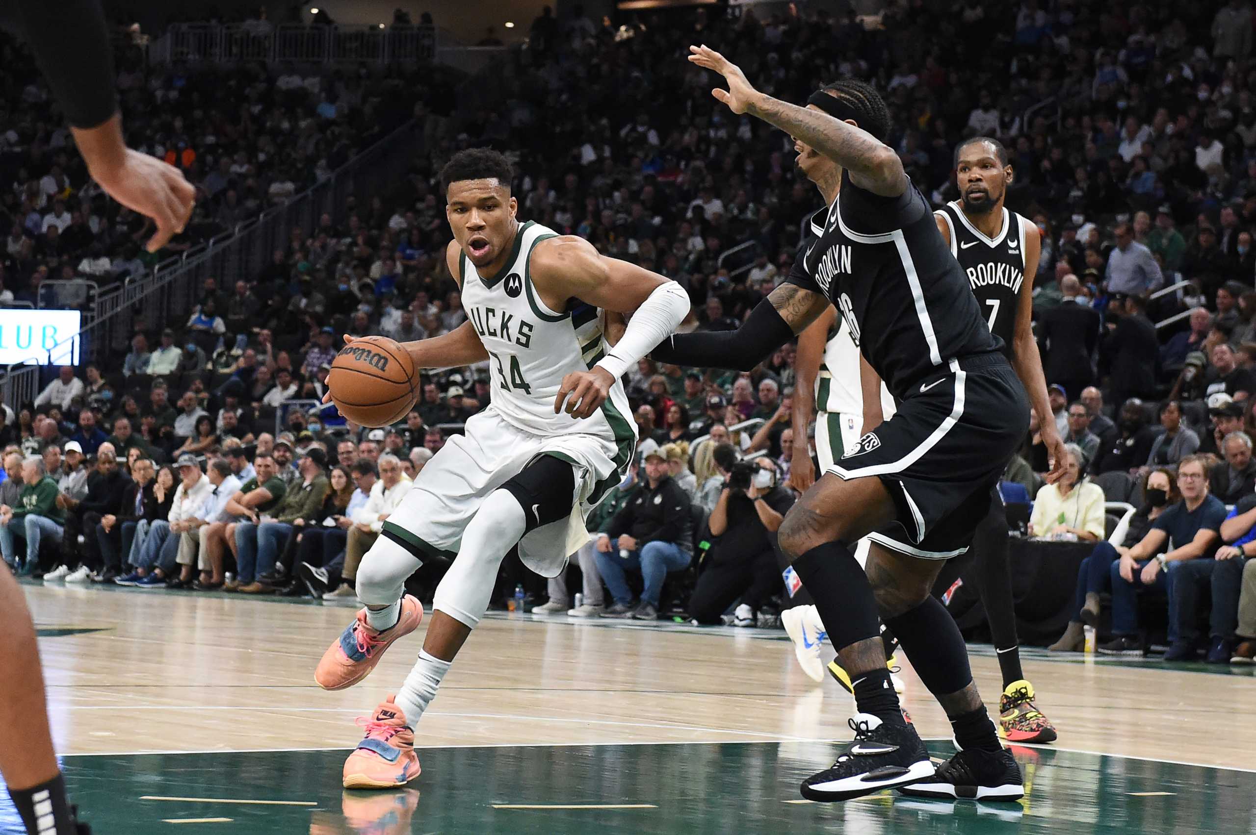 Oct 19, 2021; Milwaukee, Wisconsin, USA;  Milwaukee Bucks forward Giannis Antetokounmpo (34) drives to the basket in the second half at Fiserv Forum. Mandatory Credit: Michael McLoone-USA TODAY Sports