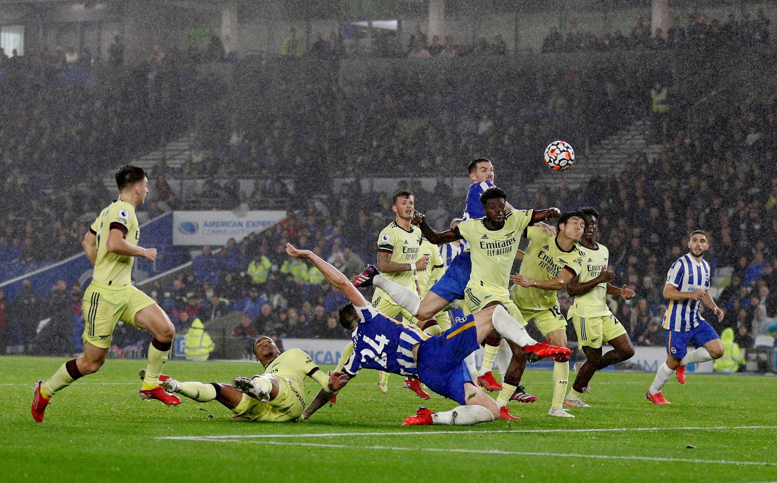 Soccer Football - Premier League - Brighton & Hove Albion v Arsenal - The American Express Community Stadium, Brighton, Britain - October 2, 2021 Brighton & Hove Albion's Shane Duffy is fouled by Arsenal's Gabriel leading to appeals for a penalty REUTERS