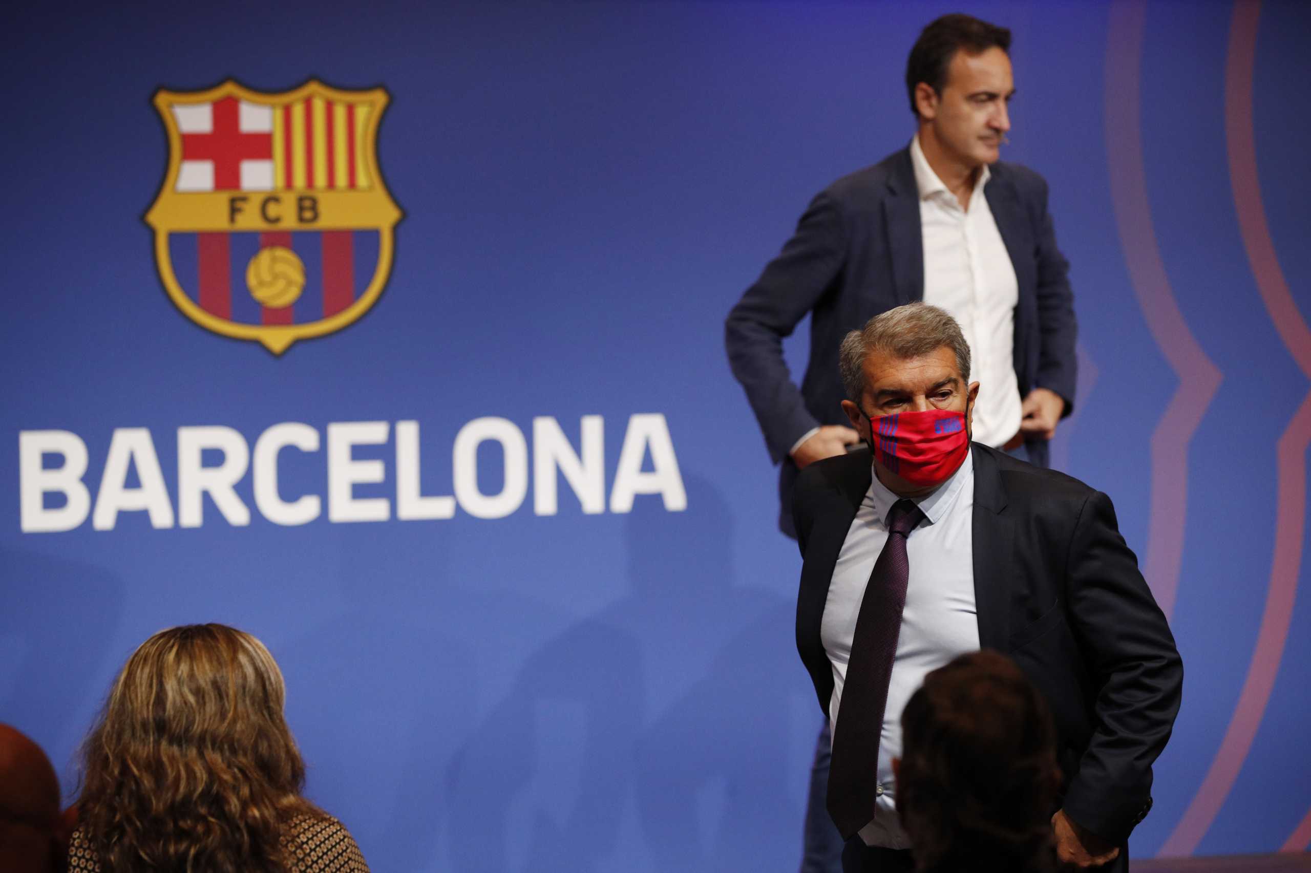 Soccer Football - FC Barcelona's CEO Ferran Reverter Press Conference - 1899 Auditorium, Barcelona, Spain - October 6, 2021 FC Barcelona's CEO Ferran Reverter and president Joan Laporta attend a press conference to present the results of the 2020