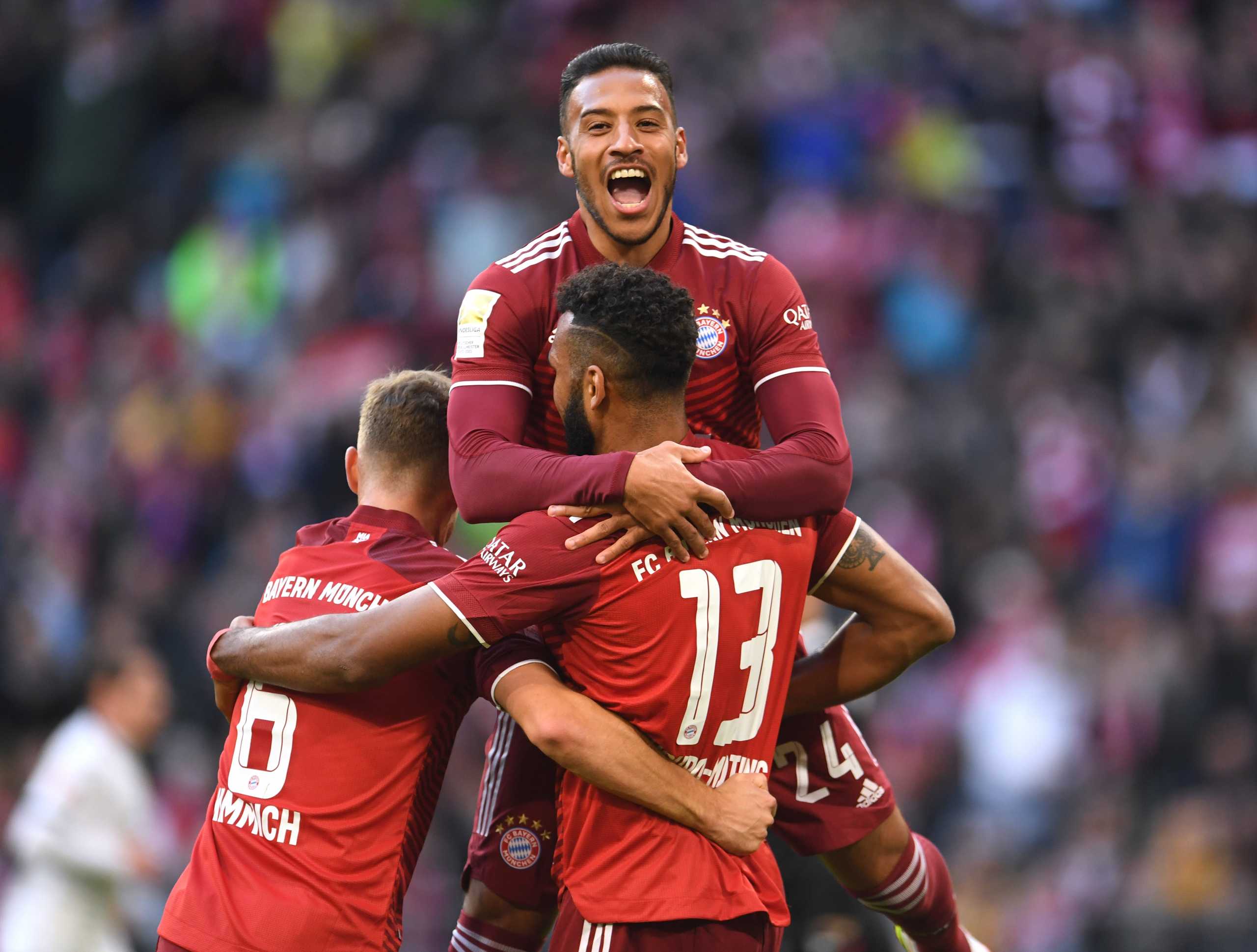 Soccer Football - Bundesliga - Bayern Munich v TSG 1899 Hoffenheim - Allianz Arena, Munich, Germany - October 23, 2021  Bayern Munich's Eric Maxim Choupo-Moting celebrates scoring their third goal with teammates REUTERS