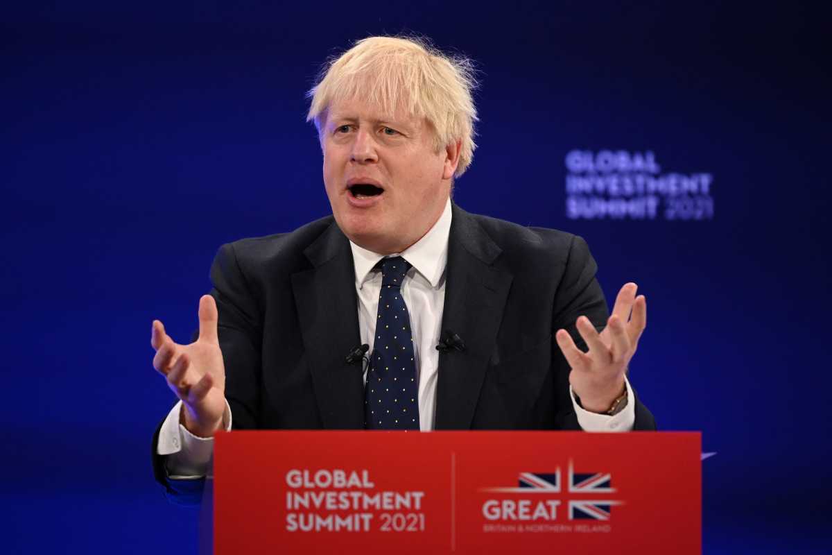 Britain's Prime Minister Boris Johnson speaks during the Global Investment Summit at the Science Museum, in London, Britain, October 19, 2021. Leon Neal
