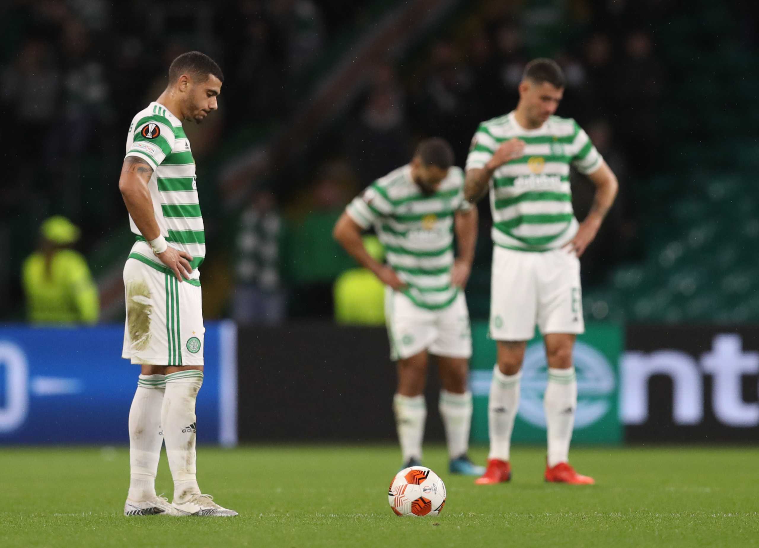 Soccer Football - Europa League - Group G - Celtic v Bayer Leverkusen - Celtic Park, Glasgow, Scotland, Britain - September 30, 2021 Celtic players look dejected after the match REUTERS