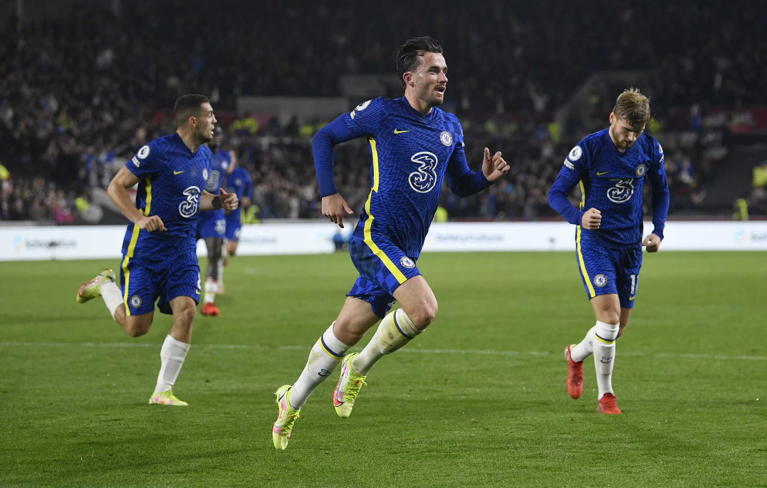 Soccer Football - Premier League - Brentford v Chelsea - Brentford Community Stadium, London, Britain - October 16, 2021  Chelsea's Ben Chilwell celebrates scoring their first goal REUTERS