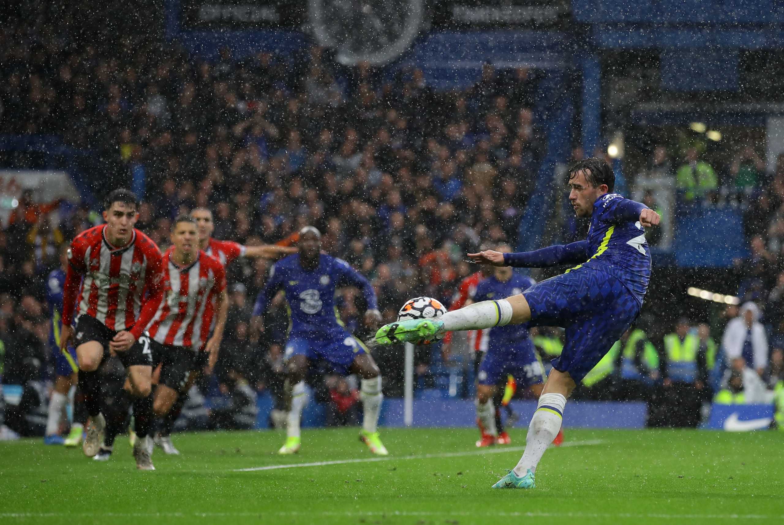 Soccer Football - Premier League - Chelsea v Southampton - Stamford Bridge, London, Britain - October 2, 2021  Chelsea's Ben Chilwell scores their third goal REUTERS