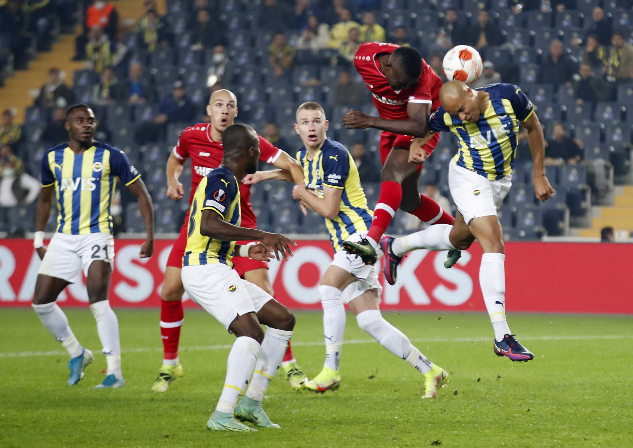 Soccer Football - Europa League - Group D - Fenerbahce v Royal Antwerp - Sukru Saracoglu Stadium, Istanbul, Turkey - October 21, 2021 Fenerbahce's Marcel Tisserand in action with Royal Antwerp's Michel-Ange Balikwisha REUTERS
