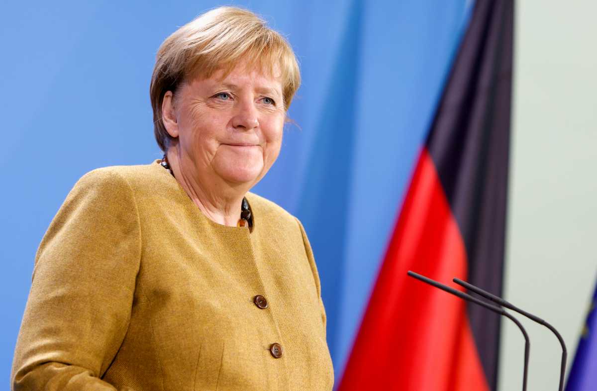 German Chancellor Angela Merkel addresses the media during a statement following an online G20 summit on the current situation in Afghanistan, in Berlin, Germany, October 12,2021. REUTERS
