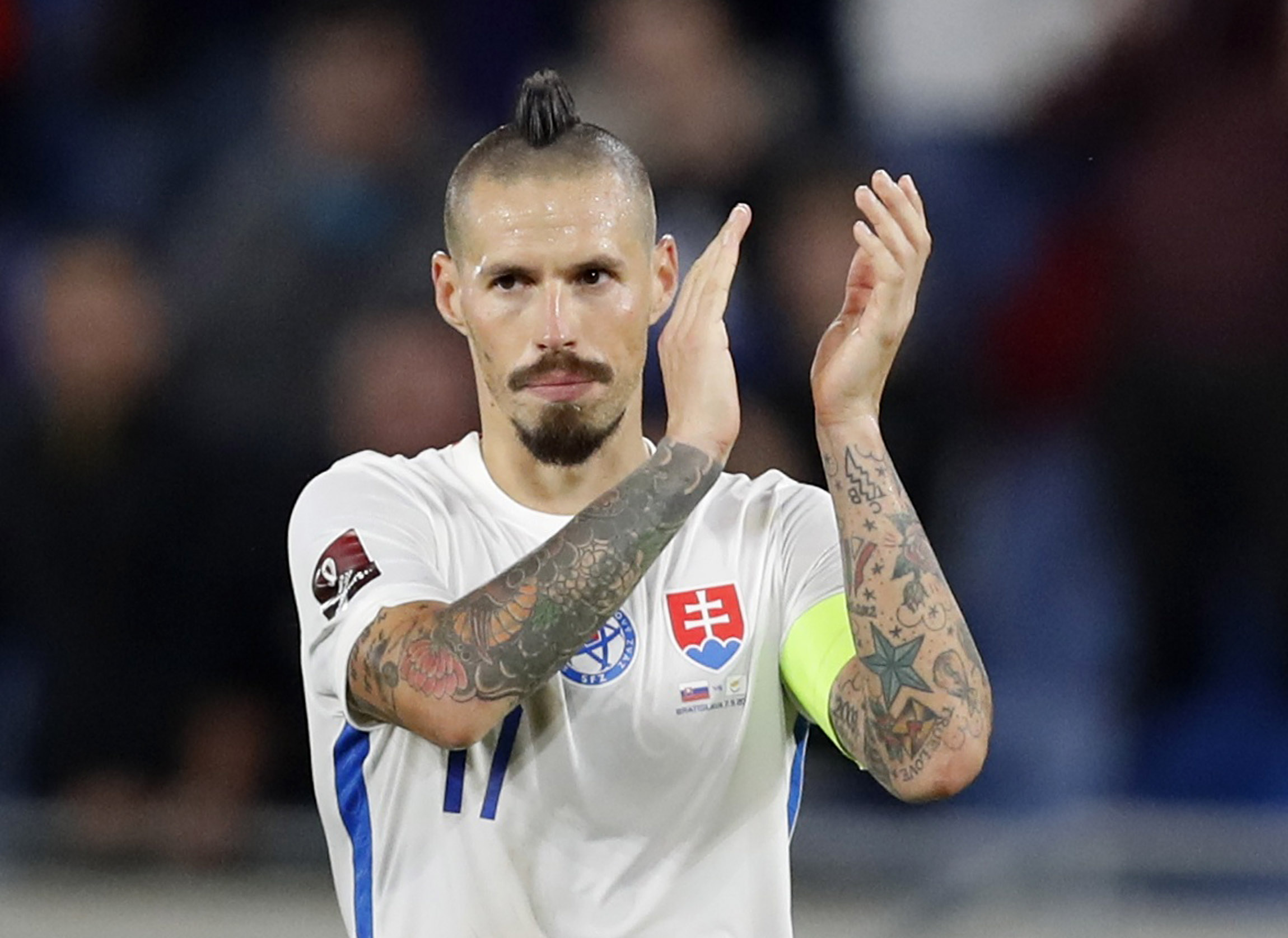 Soccer Football - World Cup - UEFA Qualifiers - Group H - Slovakia v Cyprus - Tehelne pole, Bratislava, Slovakia - September 7, 2021 Slovakia's Marek Hamsik applauds fans after the match REUTERS