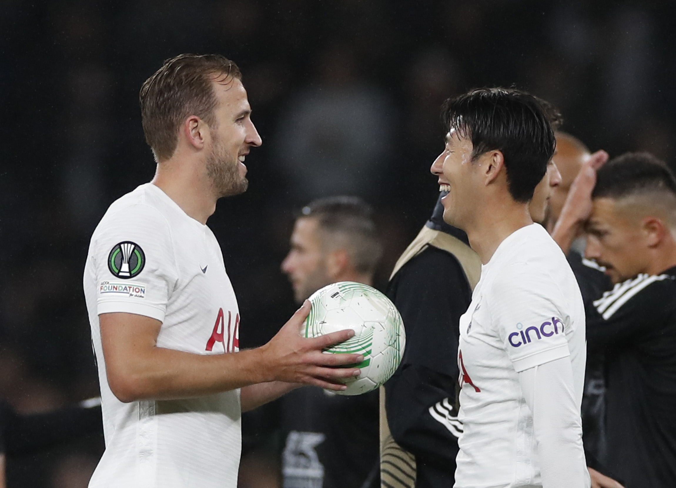 Soccer Football - Europa Conference League - Group G - Tottenham Hotspur v Mura - Tottenham Hotspur Stadium, London, Britain - September 30, 2021 Tottenham Hotspur's Harry Kane celebrates with Son Heung-min after the match Action Images via Reuters