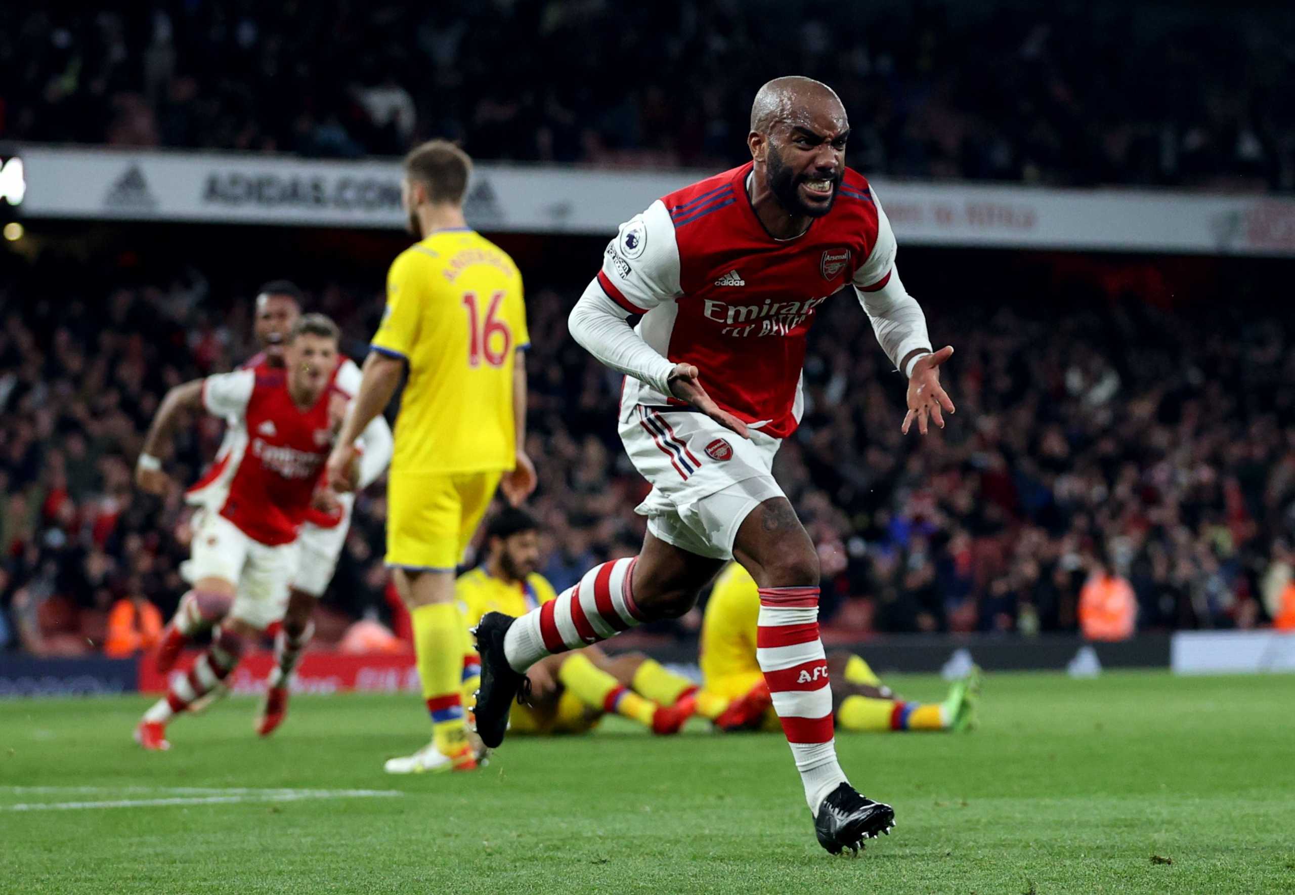 Soccer Football - Premier League - Arsenal v Crystal Palace - Emirates Stadium, London, Britain - October 18, 2021 Arsenal's Alexandre Lacazette celebrates scoring their second goal REUTERS