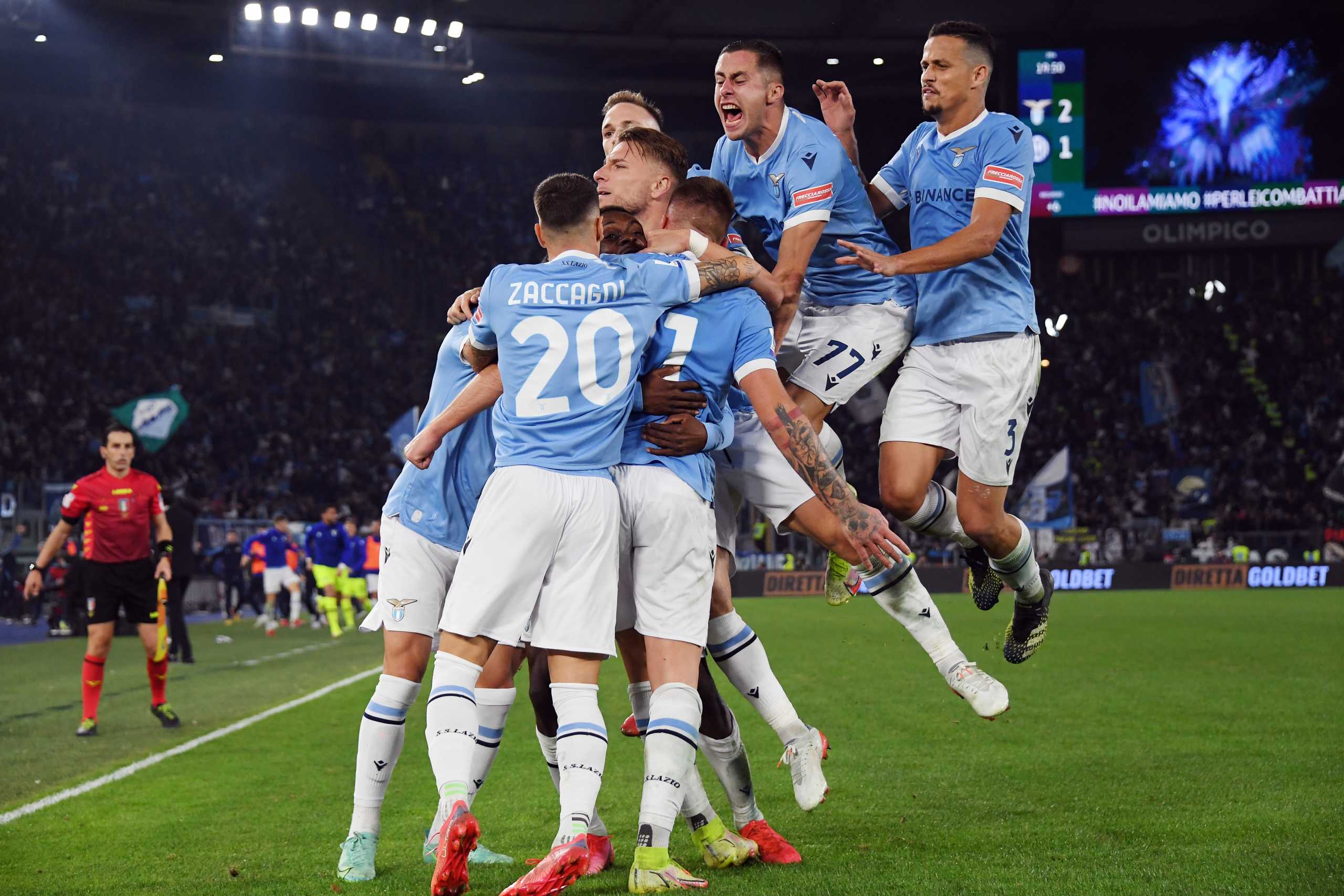 Soccer Football - Serie A - Lazio v Inter Milan - Stadio Olimpico, Rome, Italy - October 16, 2021 Lazio's Sergej Milinkovic-Savic celebrates scoring their third goal with teammates REUTERS