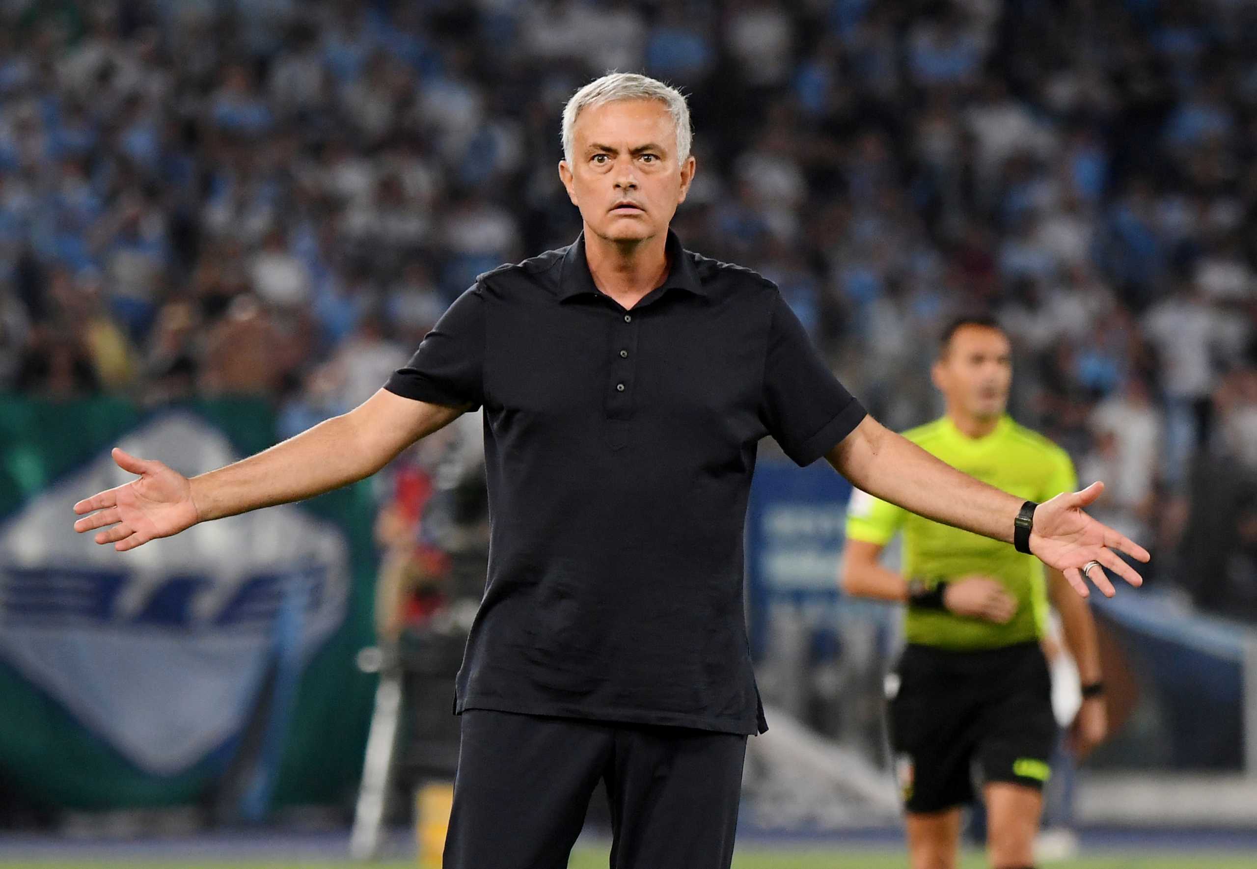 FILE PHOTO: Soccer Football - Serie A - Lazio v AS Roma - Stadio Olimpico, Rome, Italy - September 26, 2021 AS Roma coach Jose Mourinho reacts REUTERS