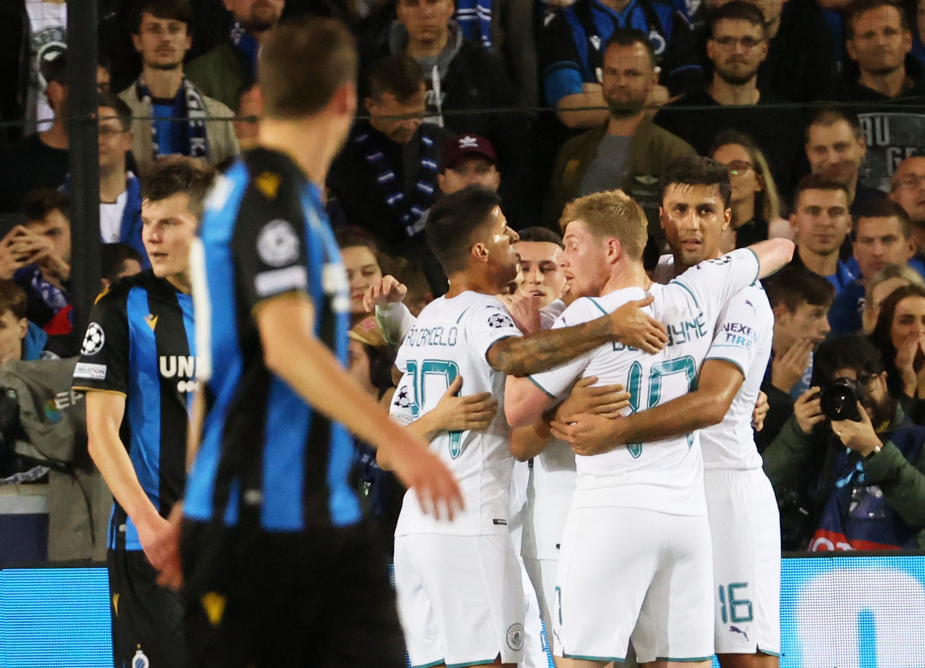 Soccer Football - Champions League - Group A - Club Brugge v Manchester City - Jan Breydel Stadium, Bruges, Belgium - October 19, 2021 Manchester City's Riyad Mahrez celebrates scoring their second goal with teammates REUTERS