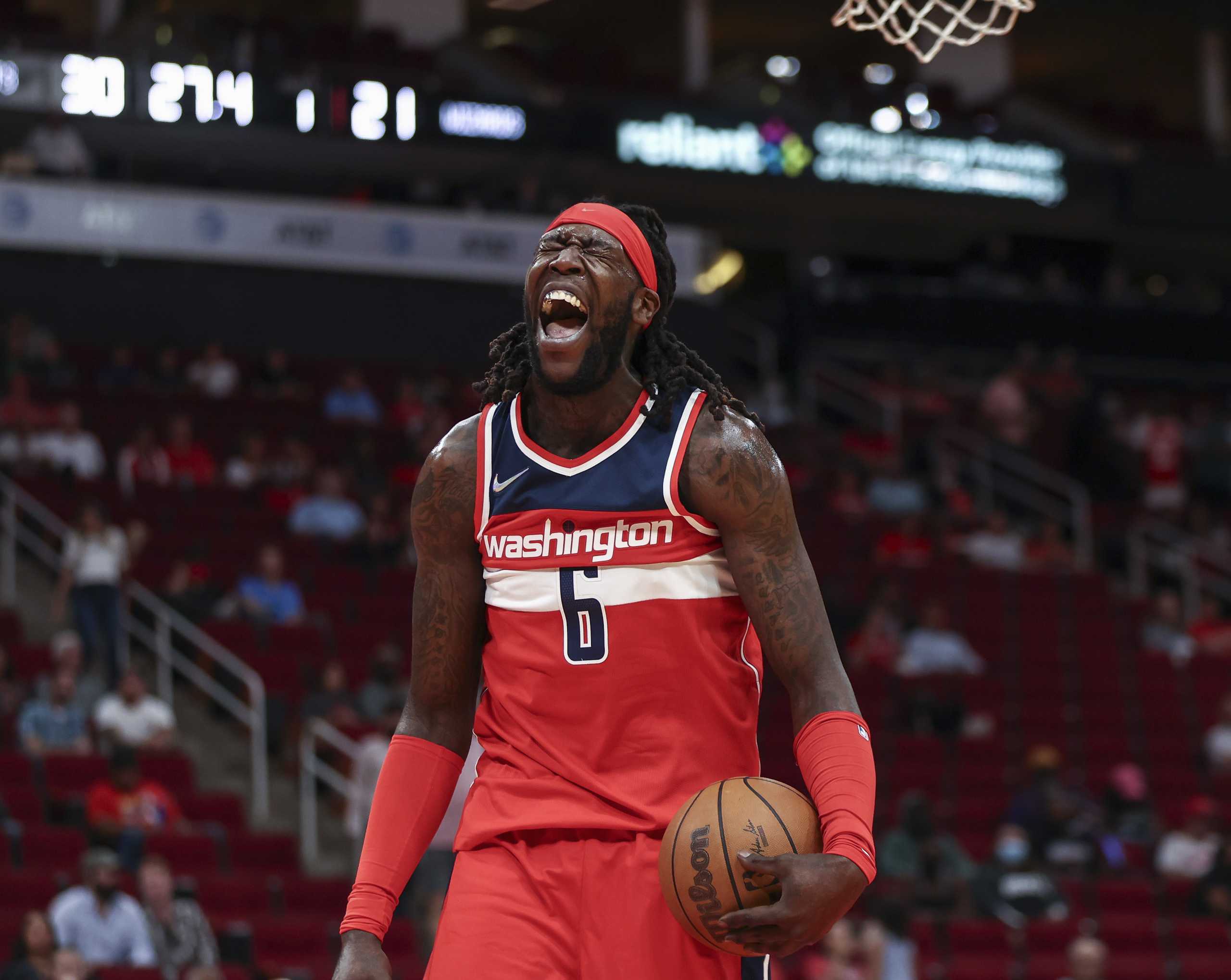 Oct 5, 2021; Houston, Texas, USA; Washington Wizards center Montrezl Harrell (6) reacts after a play against the Houston Rockets during the second quarter at Toyota Center. Mandatory Credit: Troy Taormina-USA TODAY Sports