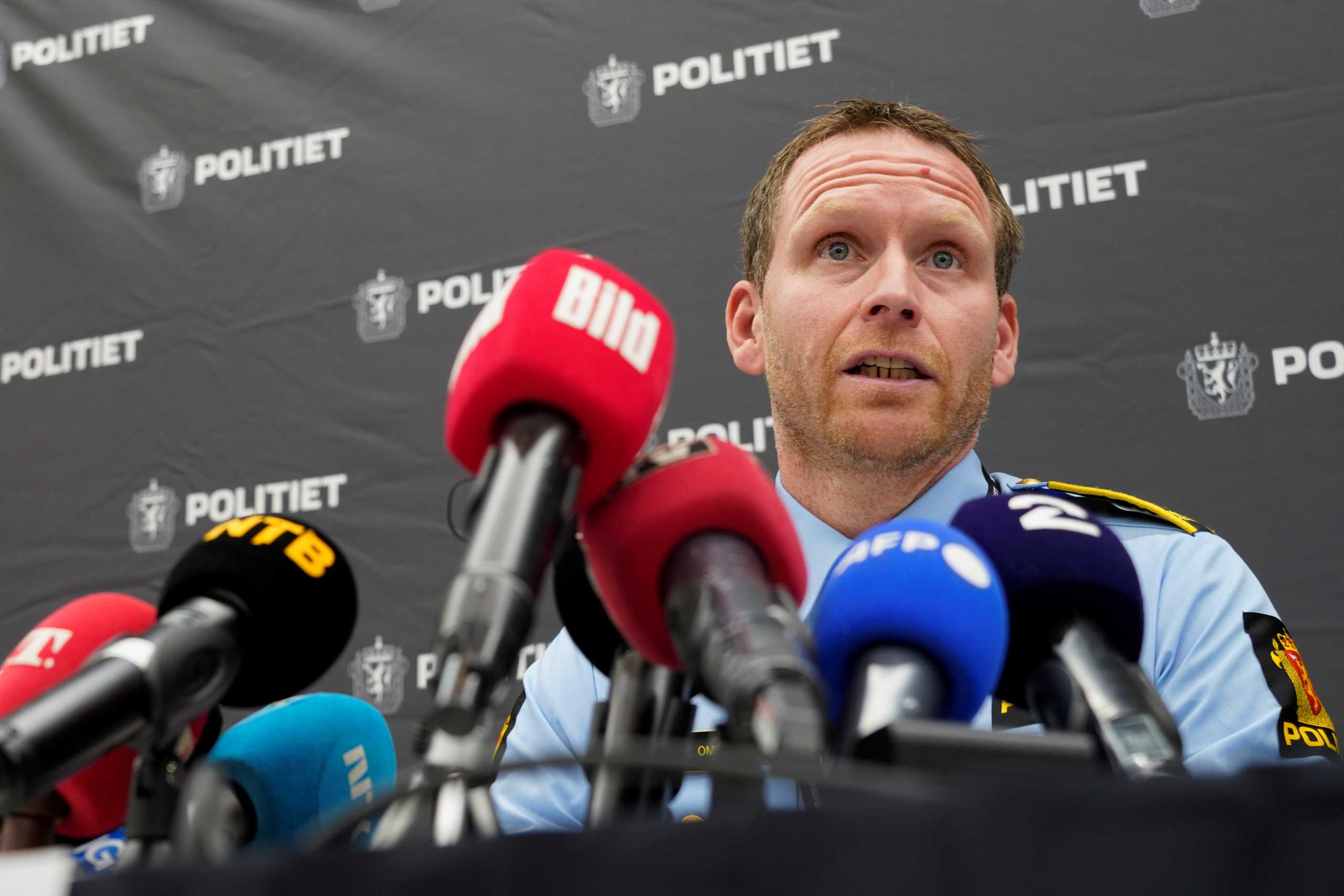 Police Inspector Per Thomas Omholt speaks during a press conference about the development in the bow-and-arrow murder case at Kongsberg, Norway, October 15, 2021. Terje Bendiksby
