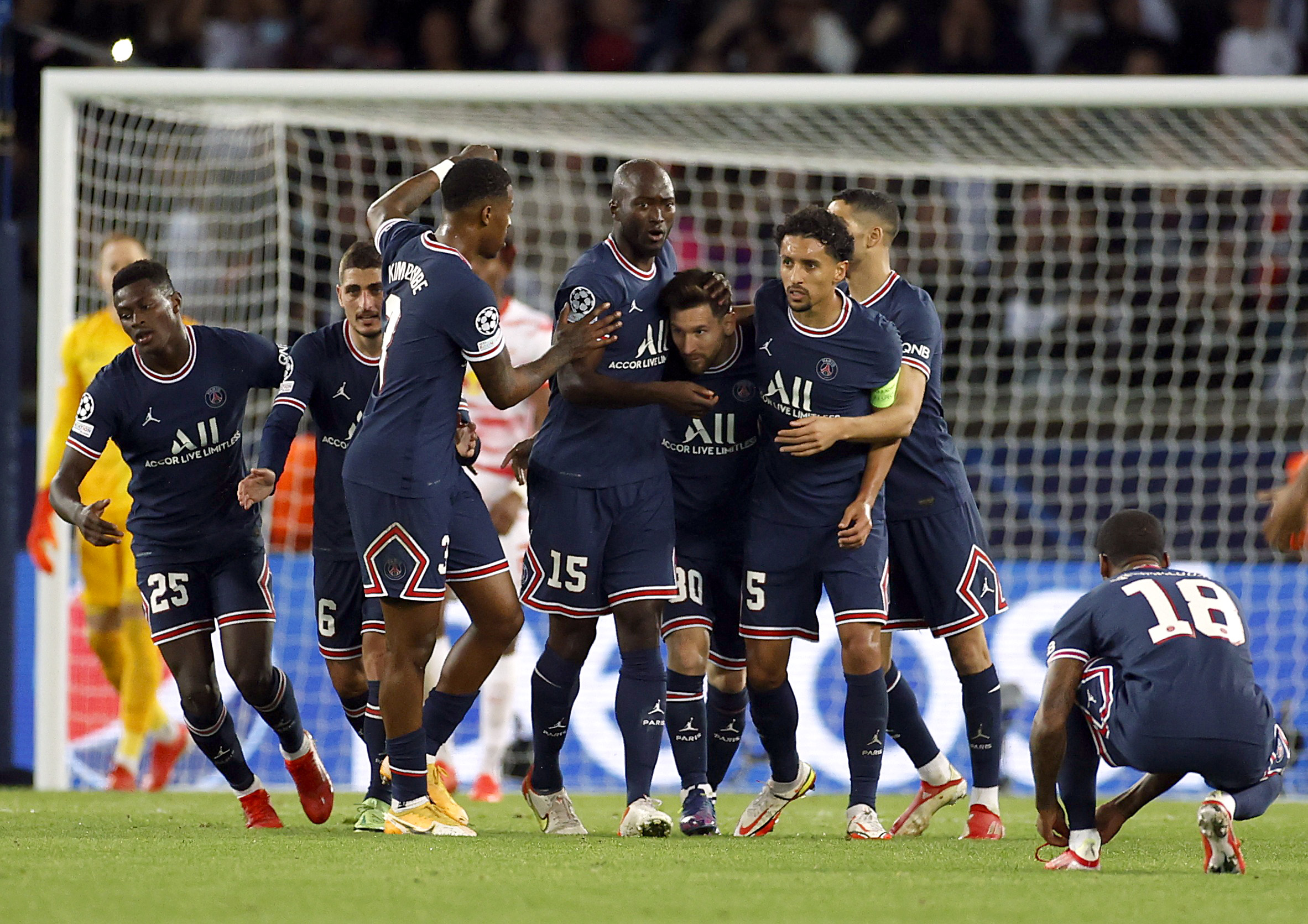 Soccer Football - Champions League - Group A - Paris St Germain v RB Leipzig - Parc des Princes, Paris, France - October 19, 2021 Paris St Germain's Lionel Messi celebrates scoring their second goal with teammates REUTERS