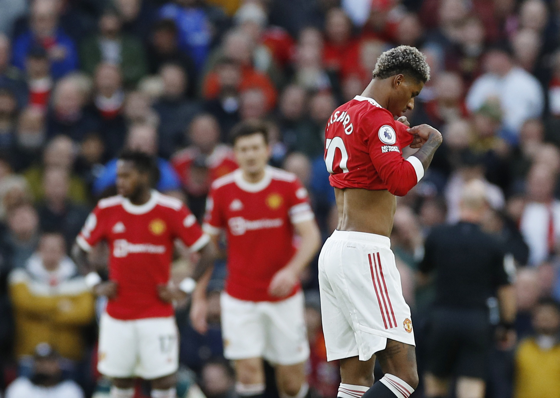 Soccer Football - Premier League - Manchester United v Liverpool - Old Trafford, Manchester, Britain - October 24, 2021 Manchester United's Marcus Rashford looks dejected after Liverpool's Diogo Jota scores their second goal REUTERS