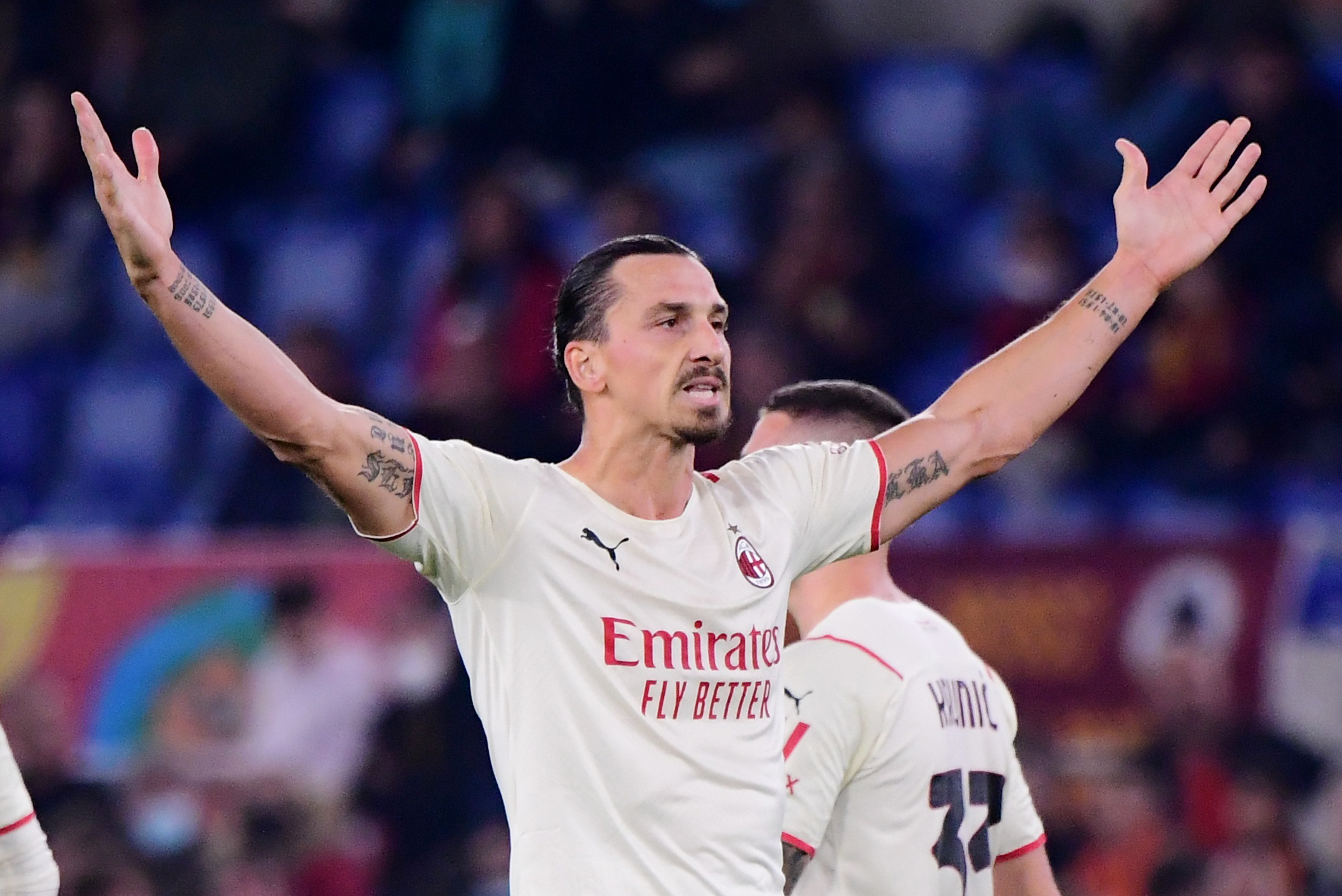 Soccer Football - Serie A - AS Roma v AC Milan - Stadio Olimpico, Rome, Italy - October 31, 2021 AC Milan's Zlatan Ibrahimovic celebrates scoring their first goal REUTERS