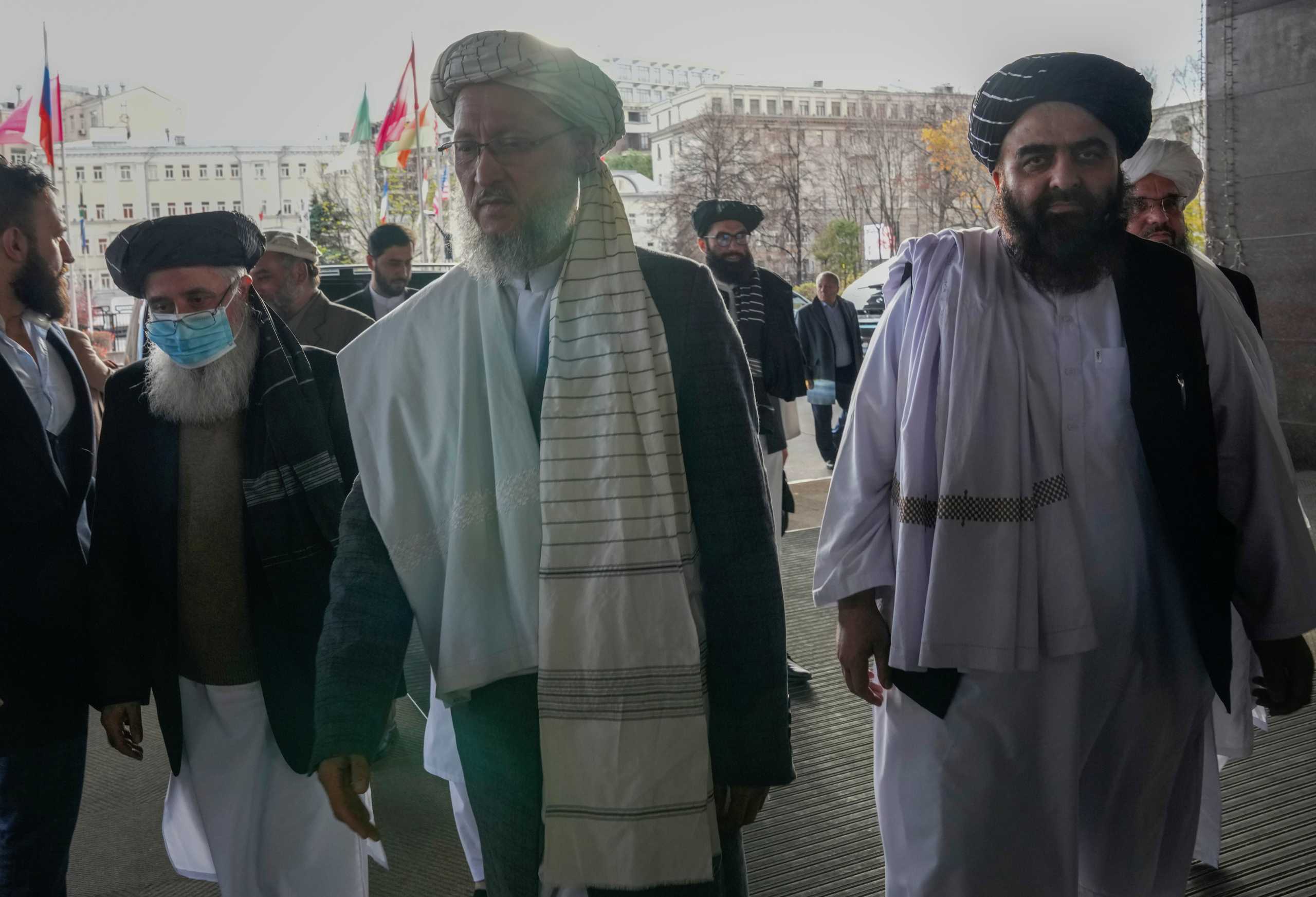 Members of the Taliban delegation arrive to attend international talks on Afghanistan in Moscow, Russia, October 20, 2021. Alexander Zemlianichenko