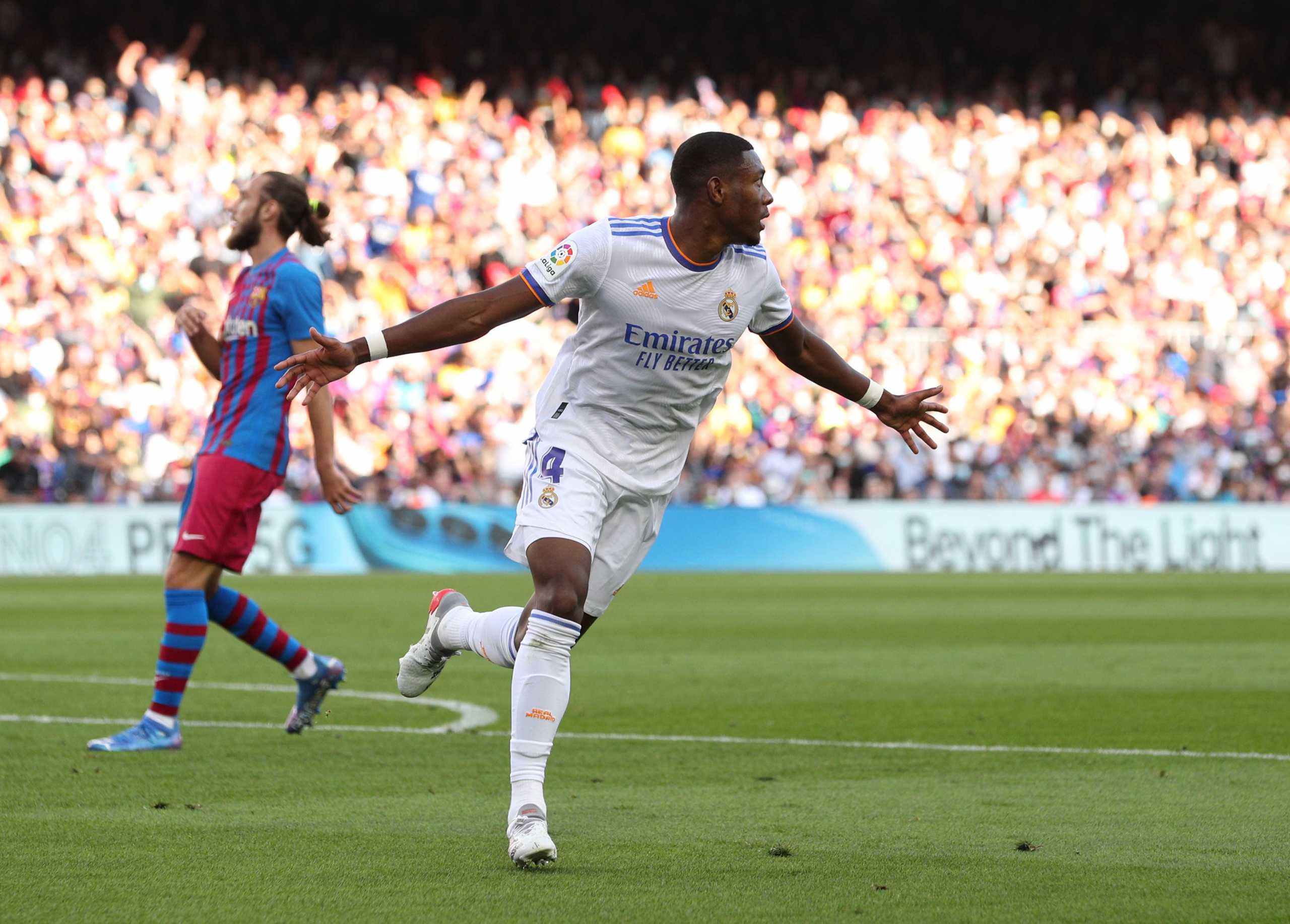 Soccer Football - LaLiga - FC Barcelona v Real Madrid - Camp Nou, Barcelona, Spain - October 24, 2021  Real Madrid's David Alaba celebrates scoring their first goal REUTERS