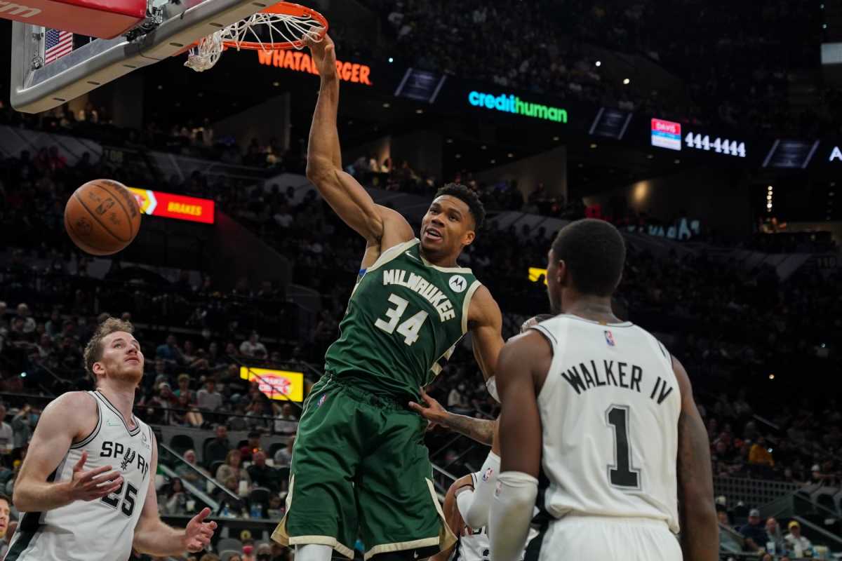 Oct 23, 2021; San Antonio, Texas, USA;  Milwaukee Bucks forward Giannis Antetokounmpo (34) dunks in the first half against the San Antonio Spurs at the AT&T Center. Mandatory Credit: Daniel Dunn-USA TODAY Sports