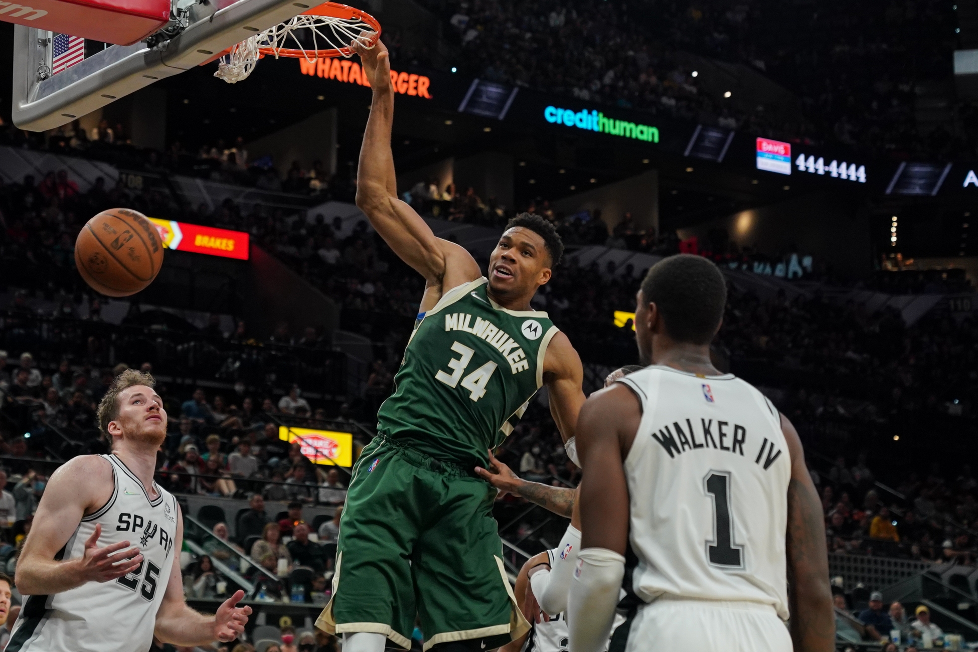 Oct 23, 2021; San Antonio, Texas, USA;  Milwaukee Bucks forward Giannis Antetokounmpo (34) dunks in the first half against the San Antonio Spurs at the AT&T Center. Mandatory Credit: Daniel Dunn-USA TODAY Sports