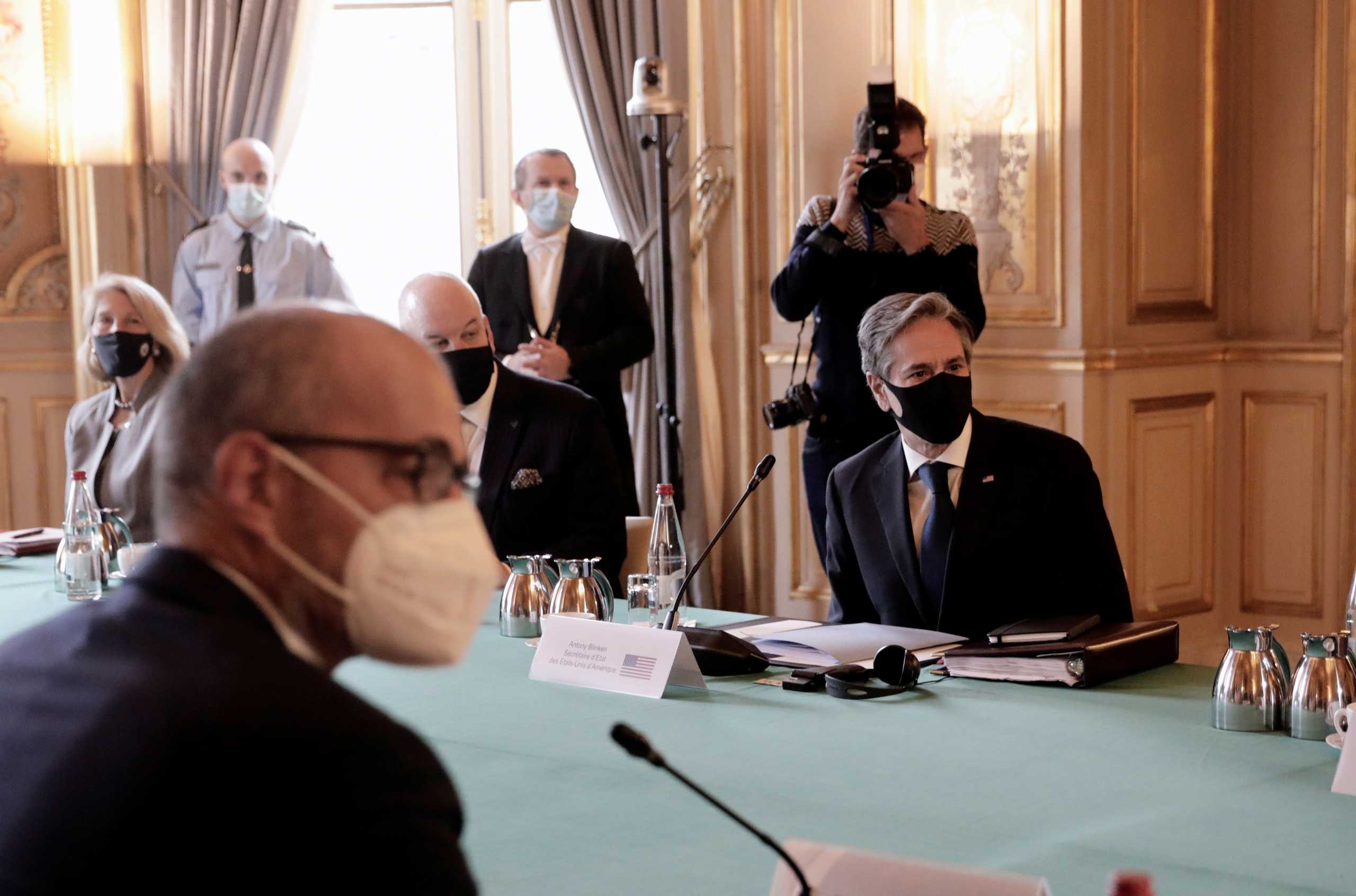 U.S. Secretary of State Antony Blinken attends a meeting with French Foreign Minister Jean-Yves Le Drian (not seen) in Paris, France October 5, 2021. Lewis Joly