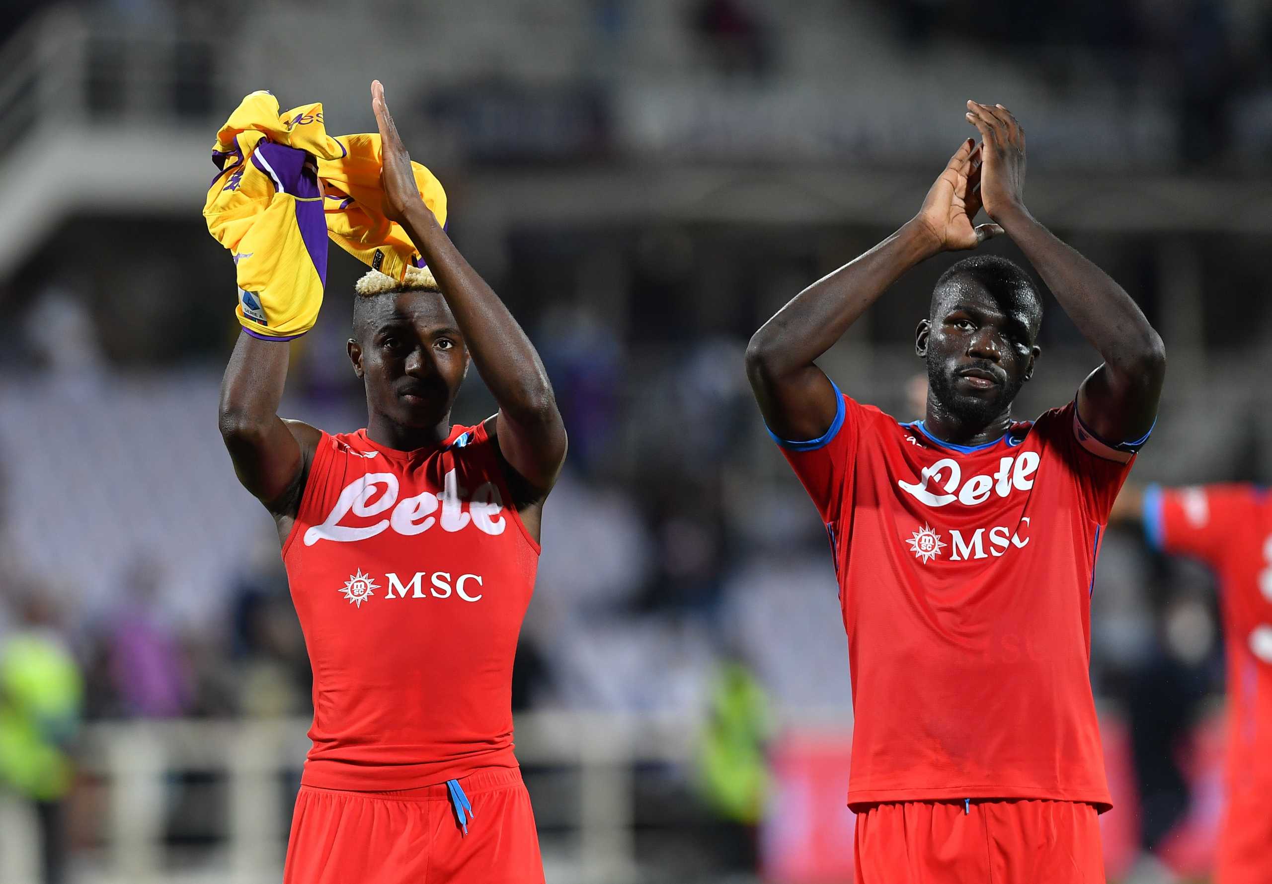 Soccer Football - Serie A - Fiorentina v Napoli - Stadio Artemio Franchi, Florence, Italy - October 3, 2021  Napoli's Victor Osimhen and Kalidou Koulibaly celebrate after the match REUTERS