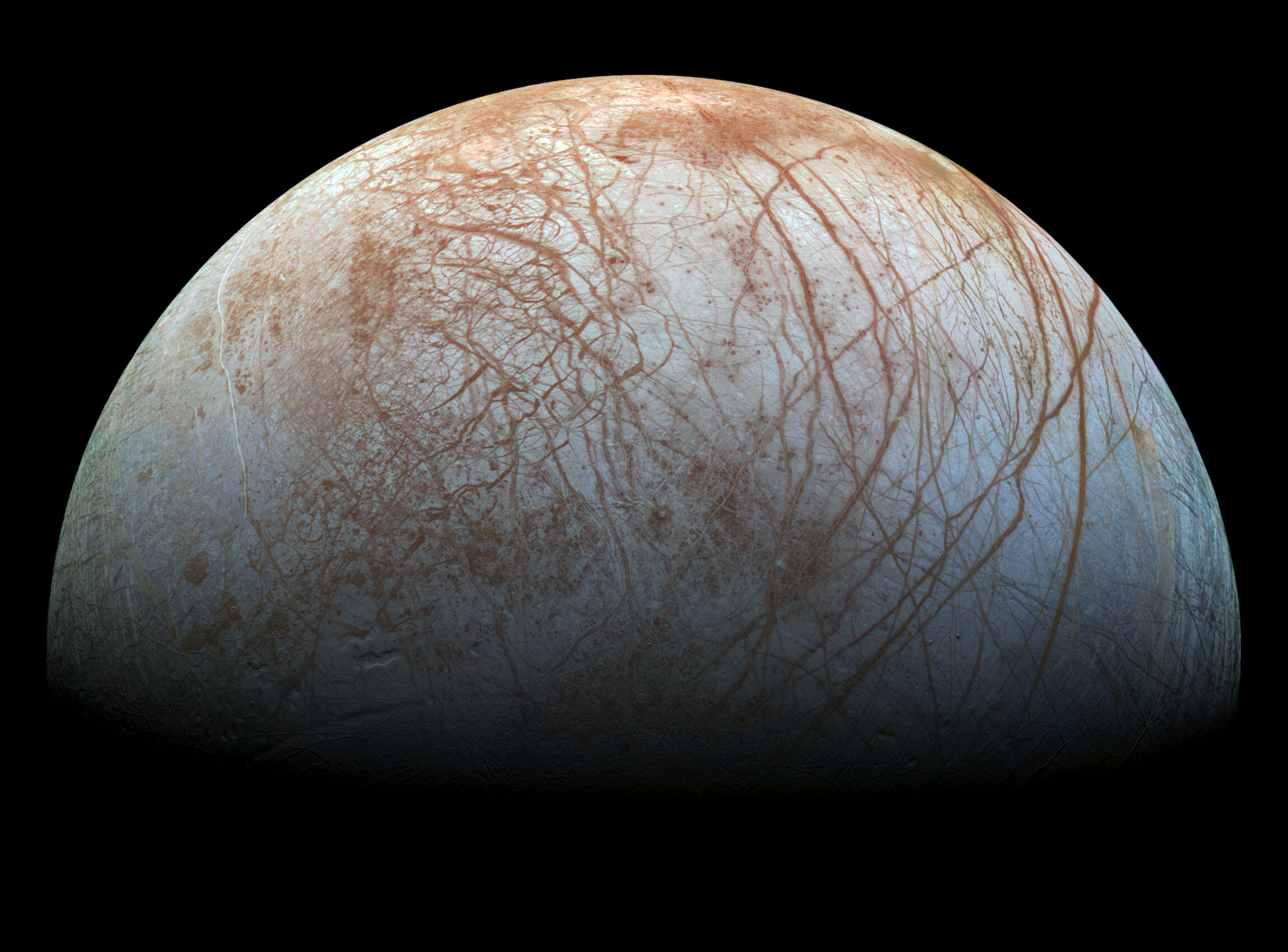 This reprocessed colour view of Jupiter’s moon Europa was made from images taken by NASA's Galileo spacecraft in the late 1990s.
