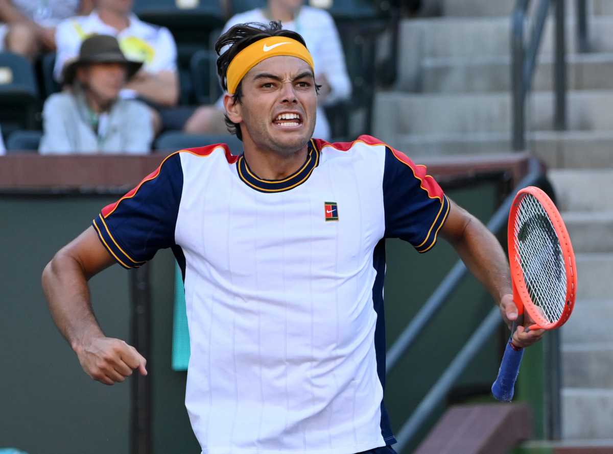 Oct 13, 2021; Indian Wells, CA, USA; Taylor Fritz (USA) celebrates as he defeated Jannik Sinner (ITA) in their fourth round match during the BNP Paribas Open at the Indian Wells Tennis Garden. Mandatory Credit: Jayne Kamin-Oncea-USA TODAY Sports