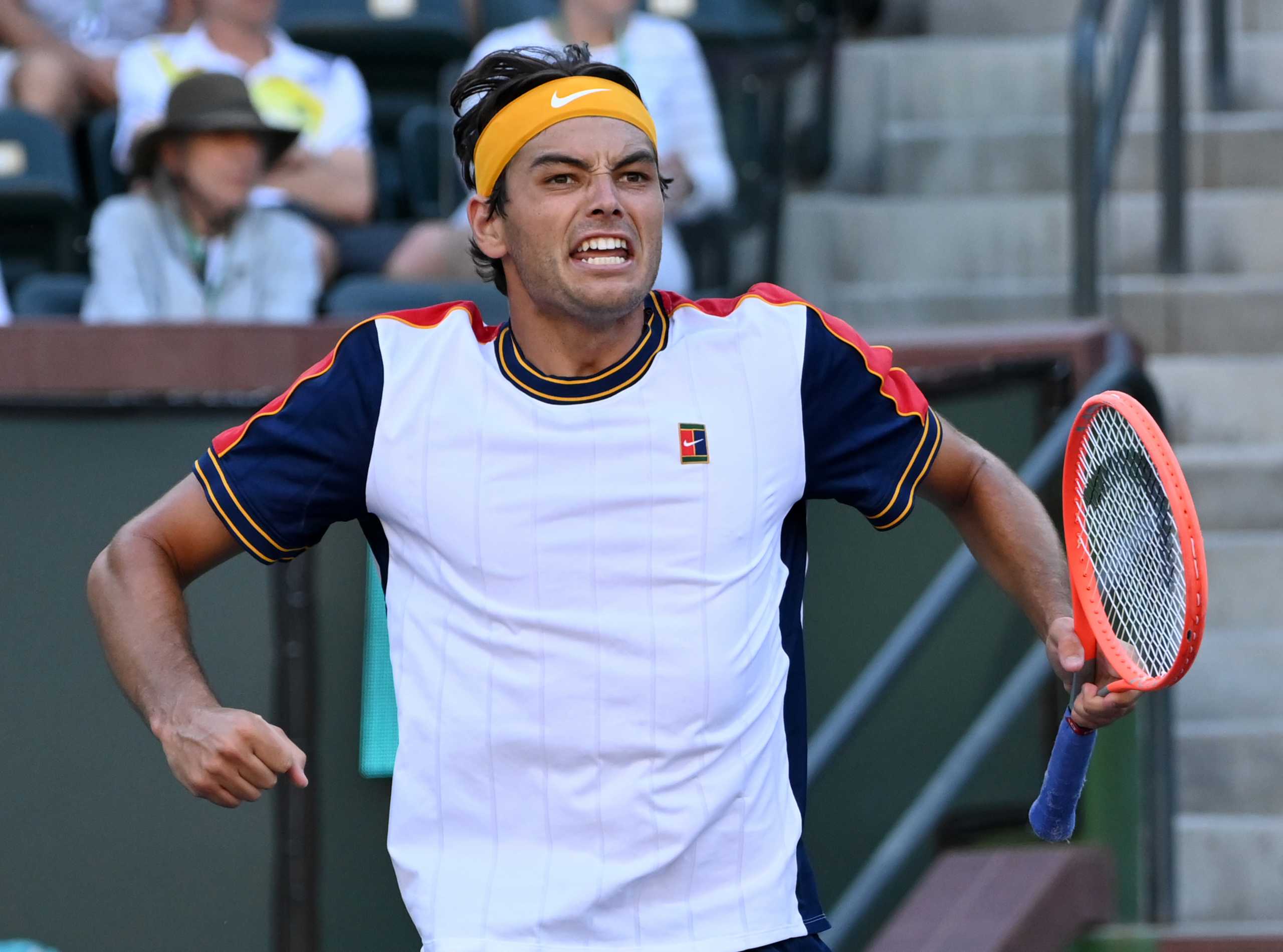 Oct 13, 2021; Indian Wells, CA, USA; Taylor Fritz (USA) celebrates as he defeated Jannik Sinner (ITA) in their fourth round match during the BNP Paribas Open at the Indian Wells Tennis Garden. Mandatory Credit: Jayne Kamin-Oncea-USA TODAY Sports