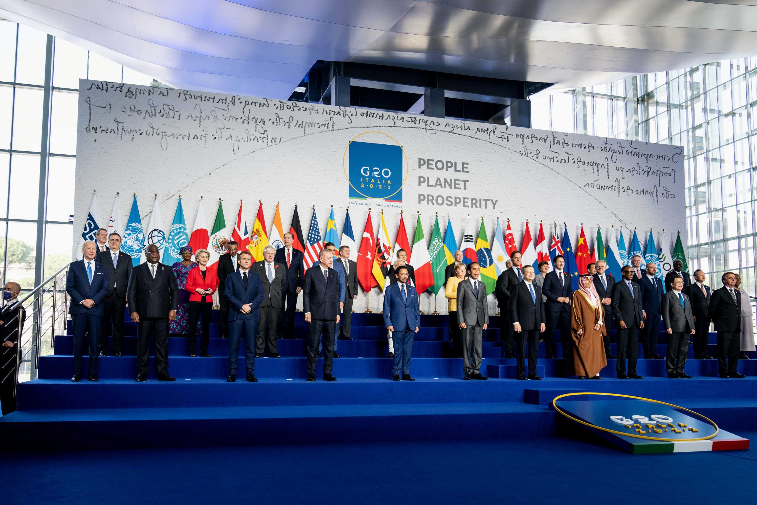 U.S. President Joe Biden and other leaders stand for a family photo at the G20 summit at the La Nuvola in Rome, Italy October 30, 2021. Erin Schaff
